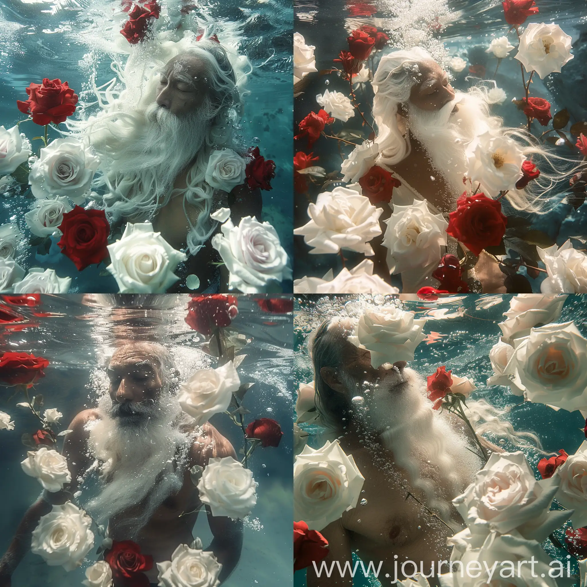 A captivating image of a man with long white beard underwater, white roses and red roses around him underwater.
