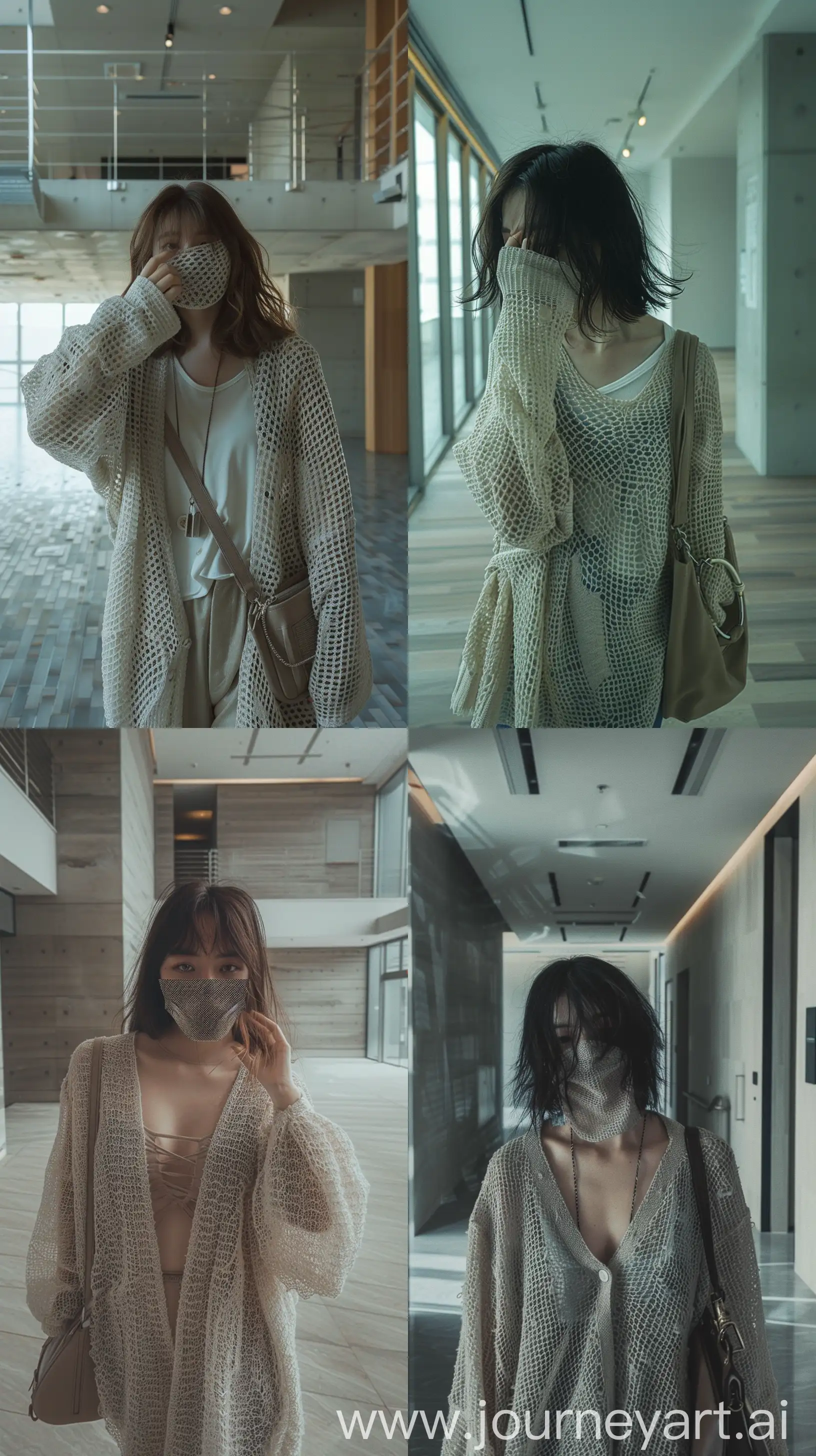 detailed aestethic selfie, lesserafim miyawaki sakura, wearing a net cardigan, shoulder bag, walking inside empty modern apartment hall, hiding face --ar 9:16
