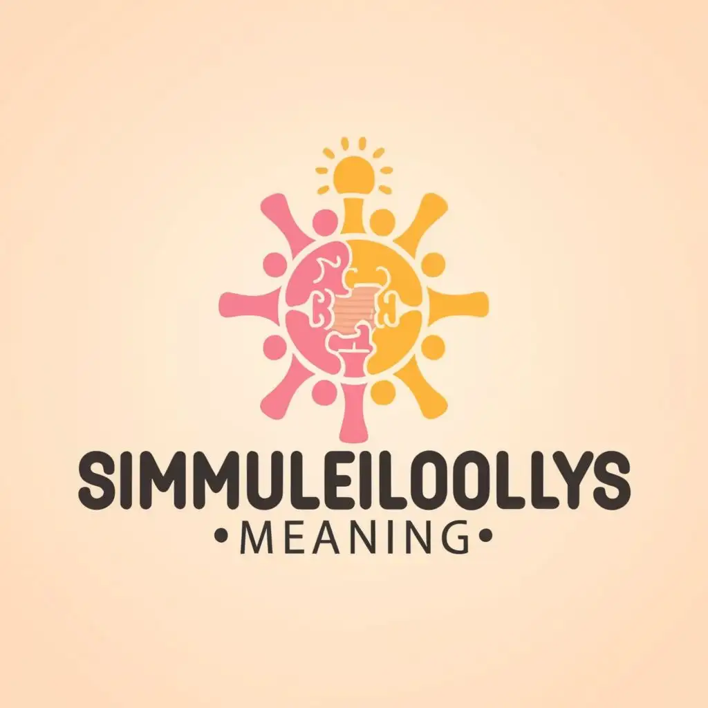 logo, shining sun, puzzle, with the text "Simultaneously Meaning", typography, be used in Events industry. the colour is brown for background and blue and yellow