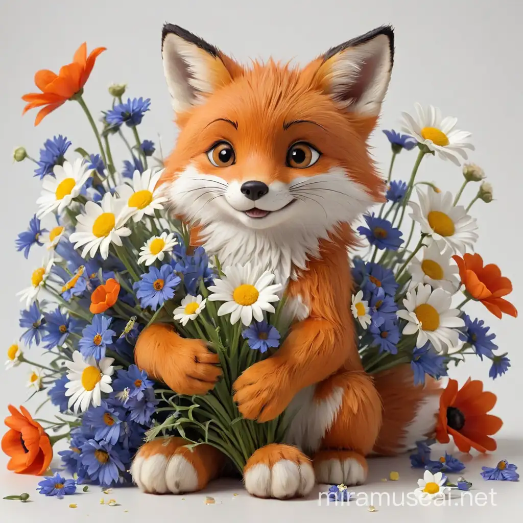 Adorable Fox Holding Bouquet of Wildflowers on White Background