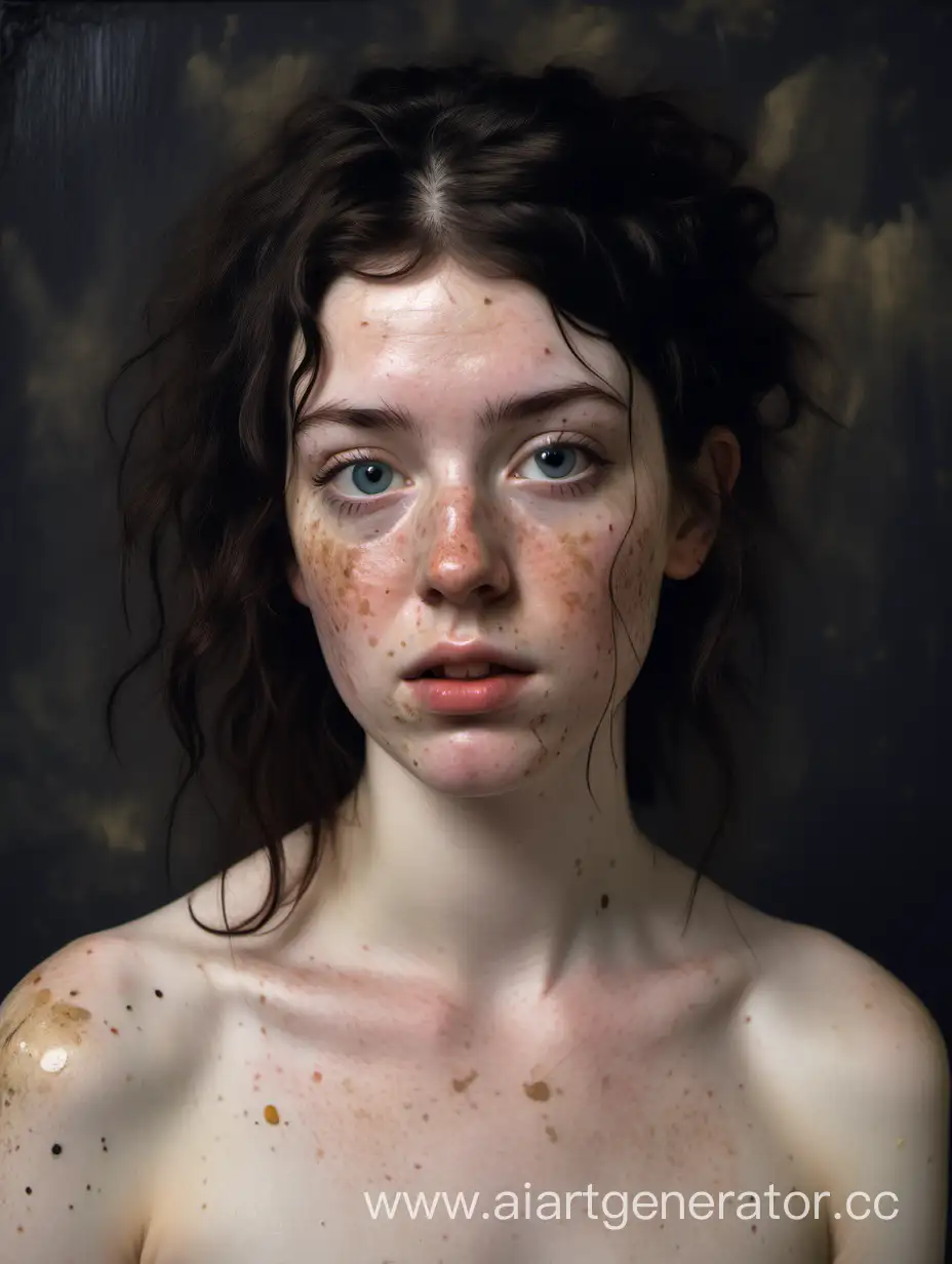 25 year old british woman with messy dark hair, pale skin, freckles, round face, naked, Velazquez painting style