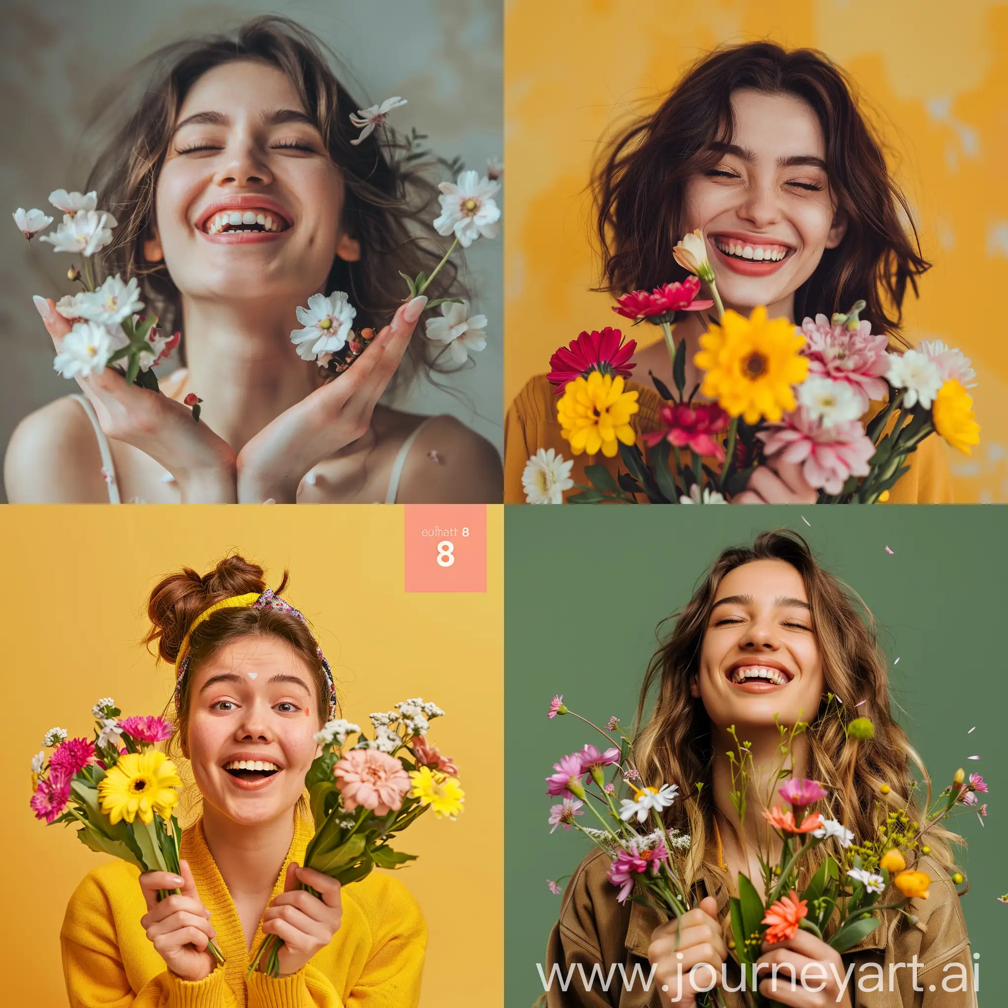 March 8 women's holiday, smiling woman, flowers in hands, great mood, explosion of emotions of high intensity