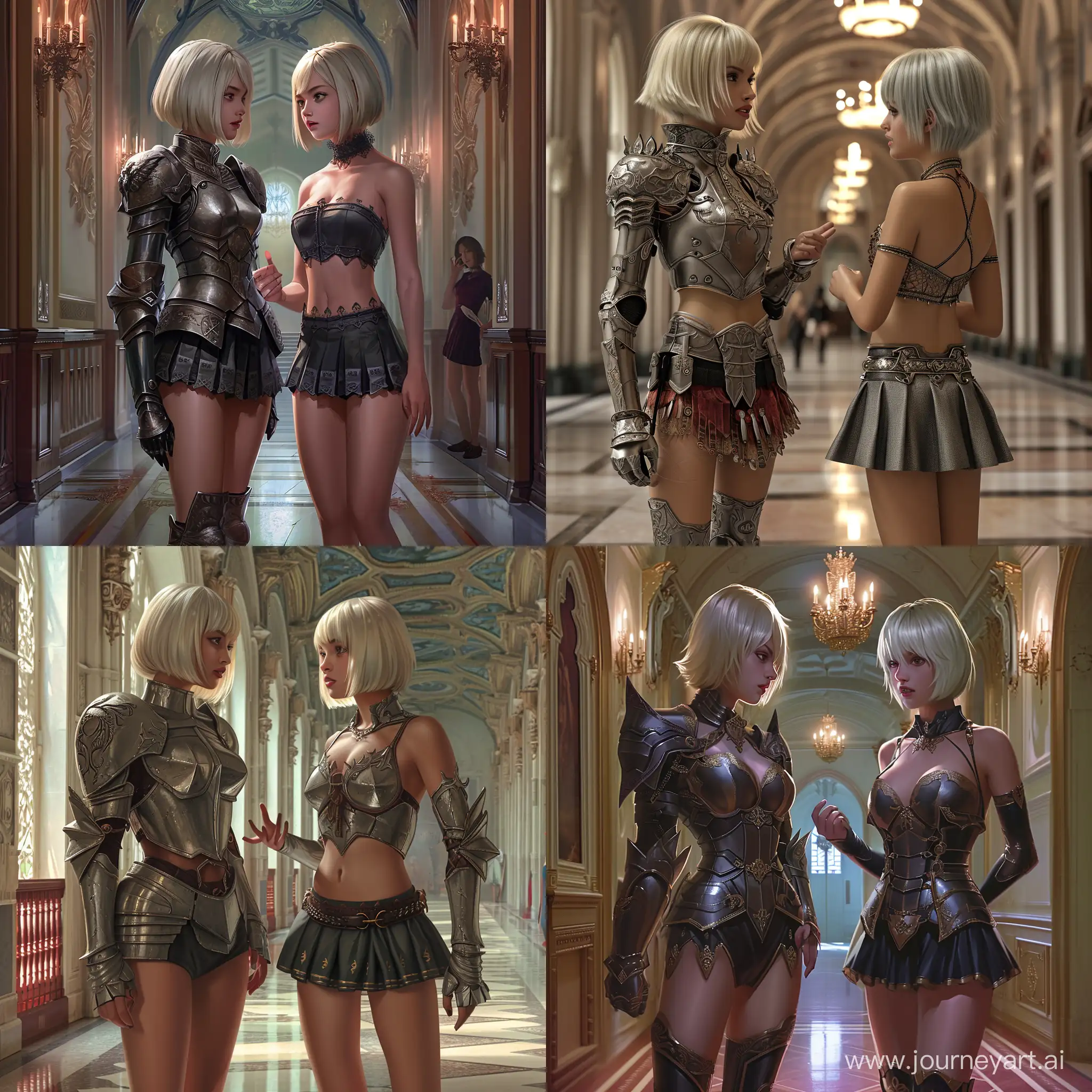 Warrior princess at the palace, blonde hair, blunt chin length hair, regal armor, short skirt, talking to her sister, photorealistic, interior hallway