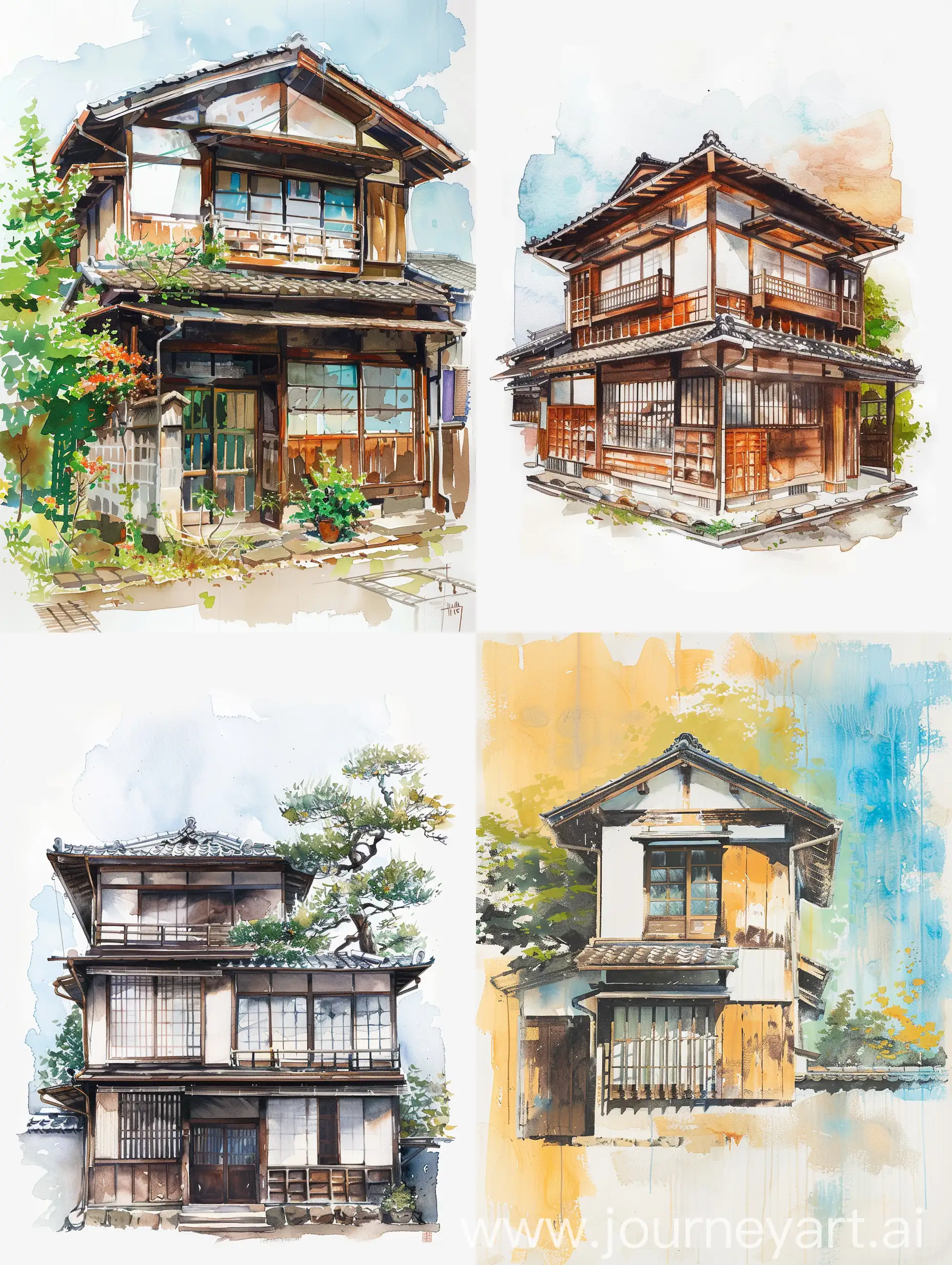 House Japanese hard brush painting stylize side view 