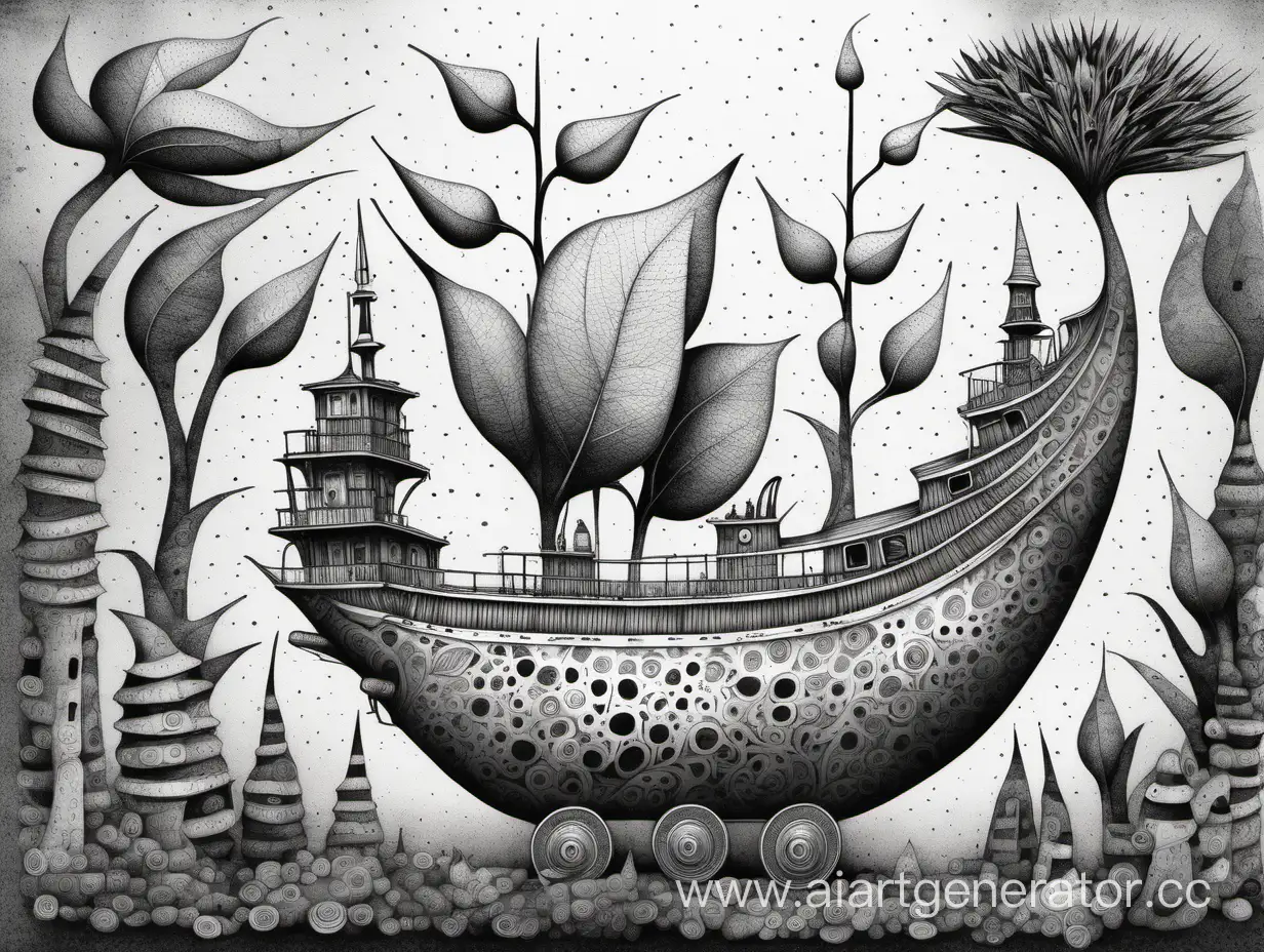 asymmetry aesthetically pleasing surreal big and small forms abstract leaf ship figurine on wheels, gnomes, plant invasion, white black colors, old ink dotwork drawing