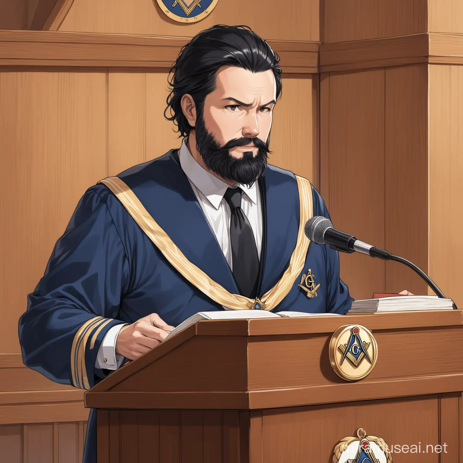 un homme 40ans légère barbe et cheveux noirs officiant en tant qu'orateur dans une loge maçonnique