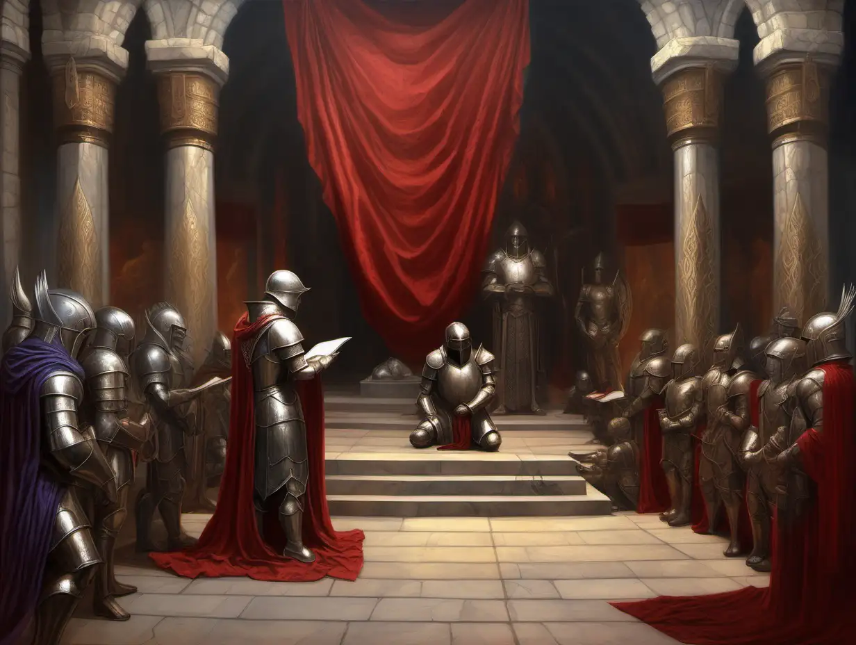 kneeling paladin reciting oath, bronze armor, bucket helmet, stone temple interior, statues, red drapes, Medieval fantasy painting, MtG art