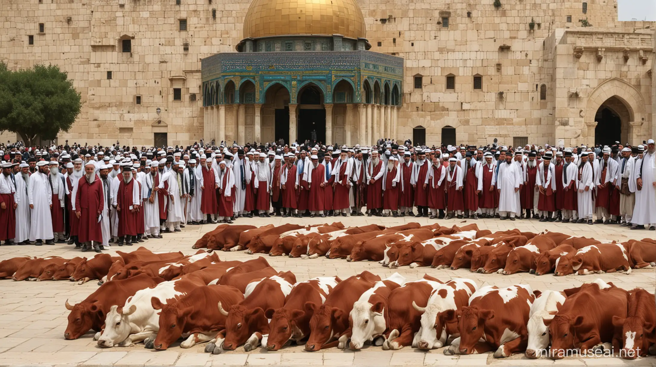 Jews in front of al-Aqsa mosque with Cows whose color totally RED