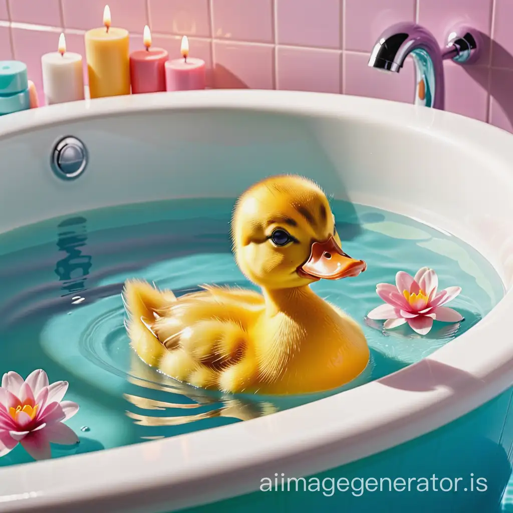 The duckling is swimming in the bath and on the edges of the bath there are tubes with Avon products