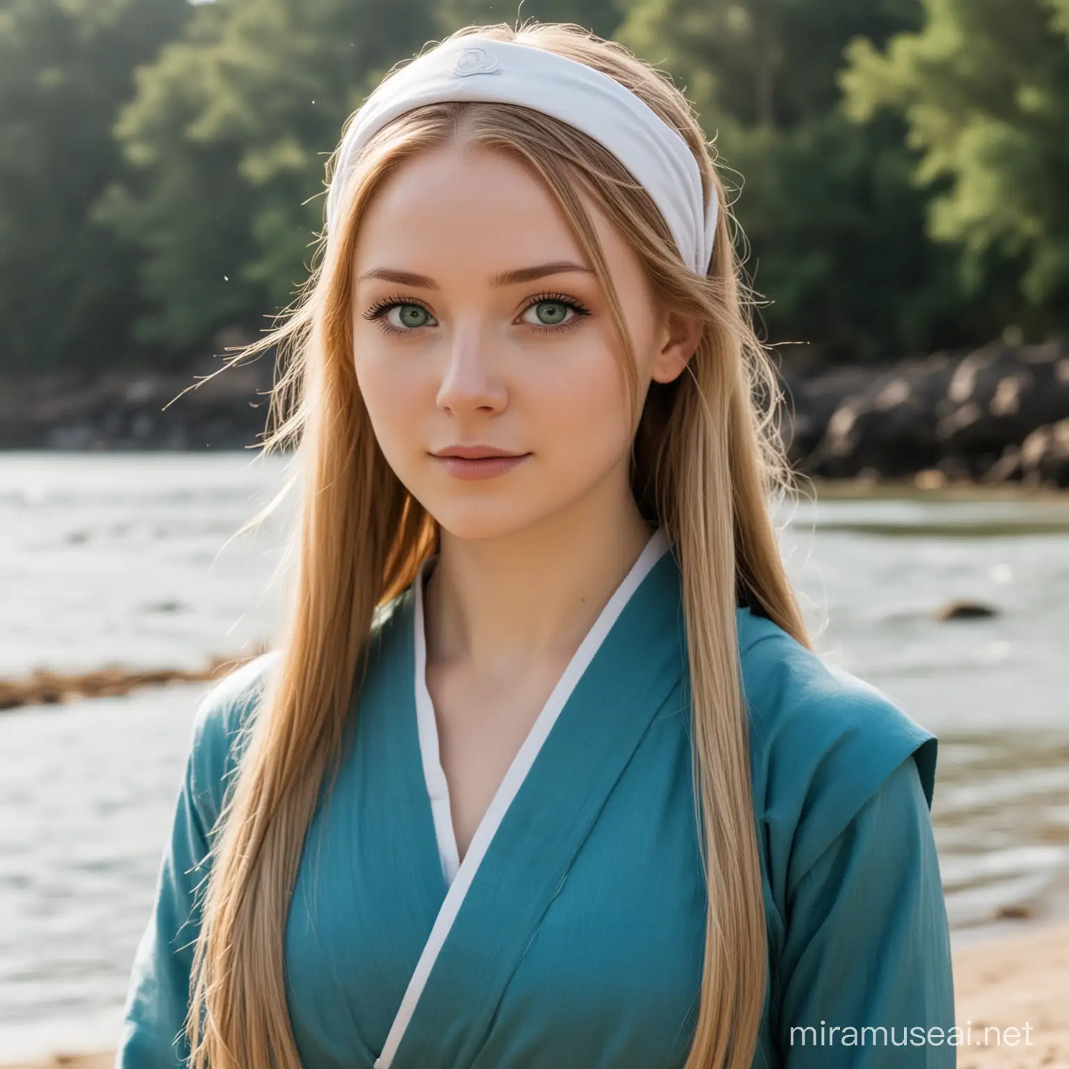 In the style of Avatar: The Last Airbender, a water-bender with pale skin, long light brown hair with a white headband, blue-green eyes, blue clothing, average height