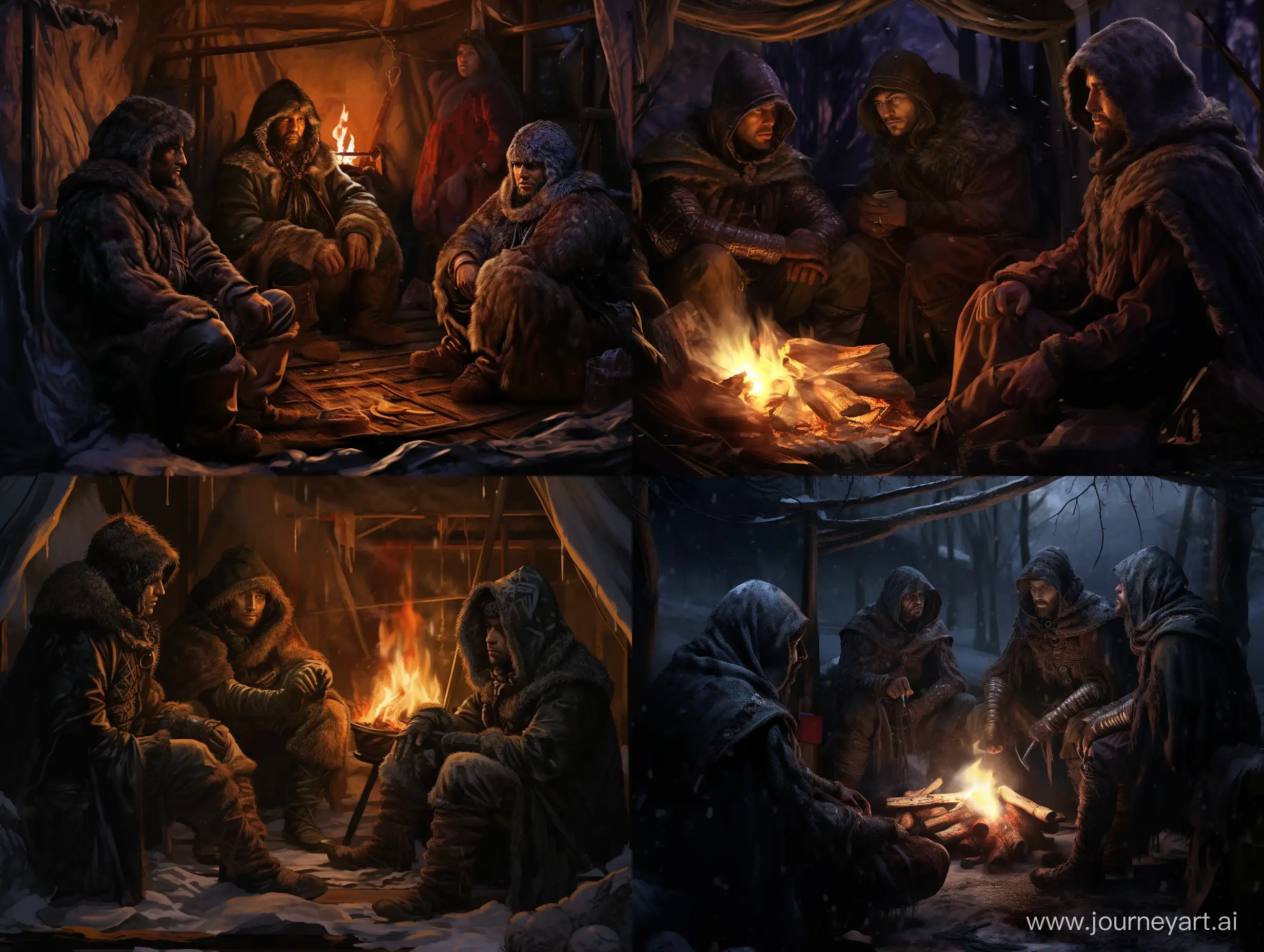 Medieval-Hunters-Resting-by-the-Fire-in-Dark-Fantasy-Setting