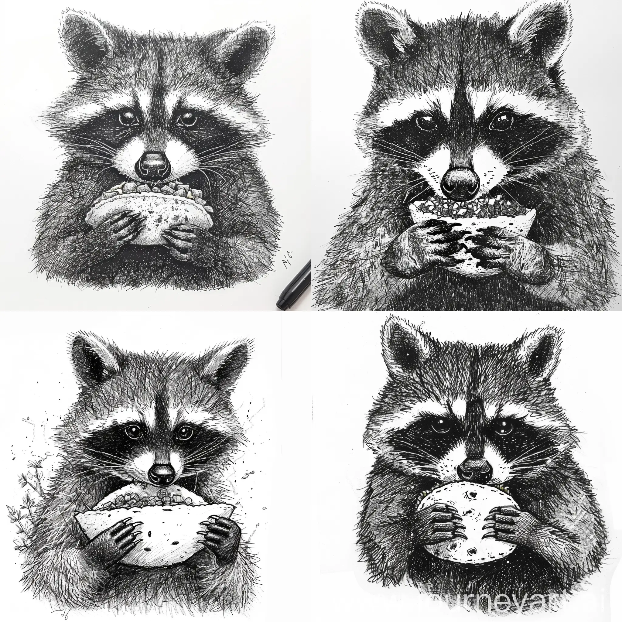 A hand drawn black and white pen sketch of a raccoon character eating taco. The raccoon drawing should have a amateur style. no background at all.