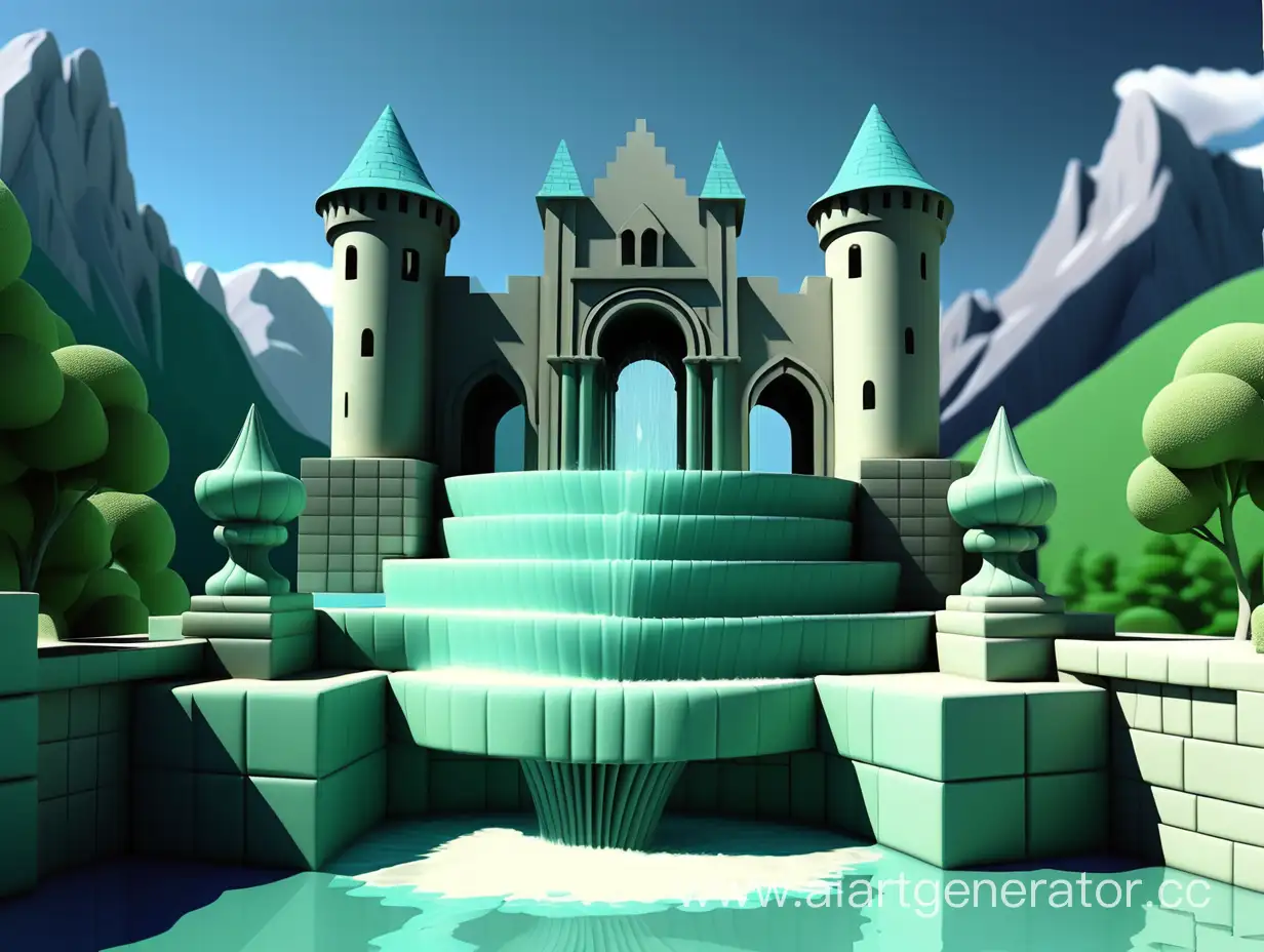 Stany-Arch-Castle-Mountains-Fountain-with-Cubes-and-Green-Blue-Water