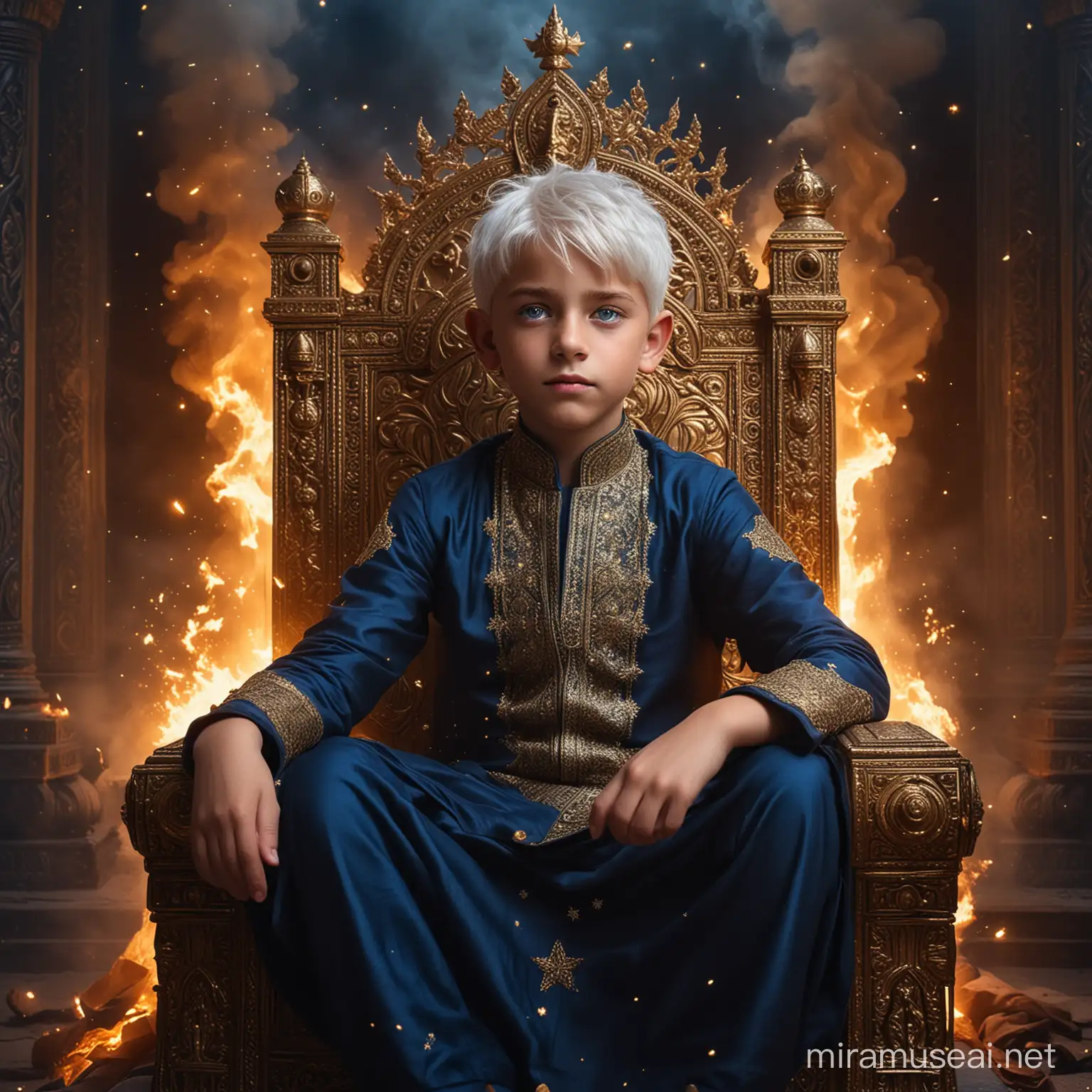 Schöner junger Junge mit weißen Haaren und blauen Augen, gekleidet in dunkelblau mit goldenen sternen, sitzend auf einem majestätischen Thron, umgeben von Feuer und Macht, umgeben von voller Macht und Feuer und im Hintergrund ein riesiger dunkler Hindu Palast