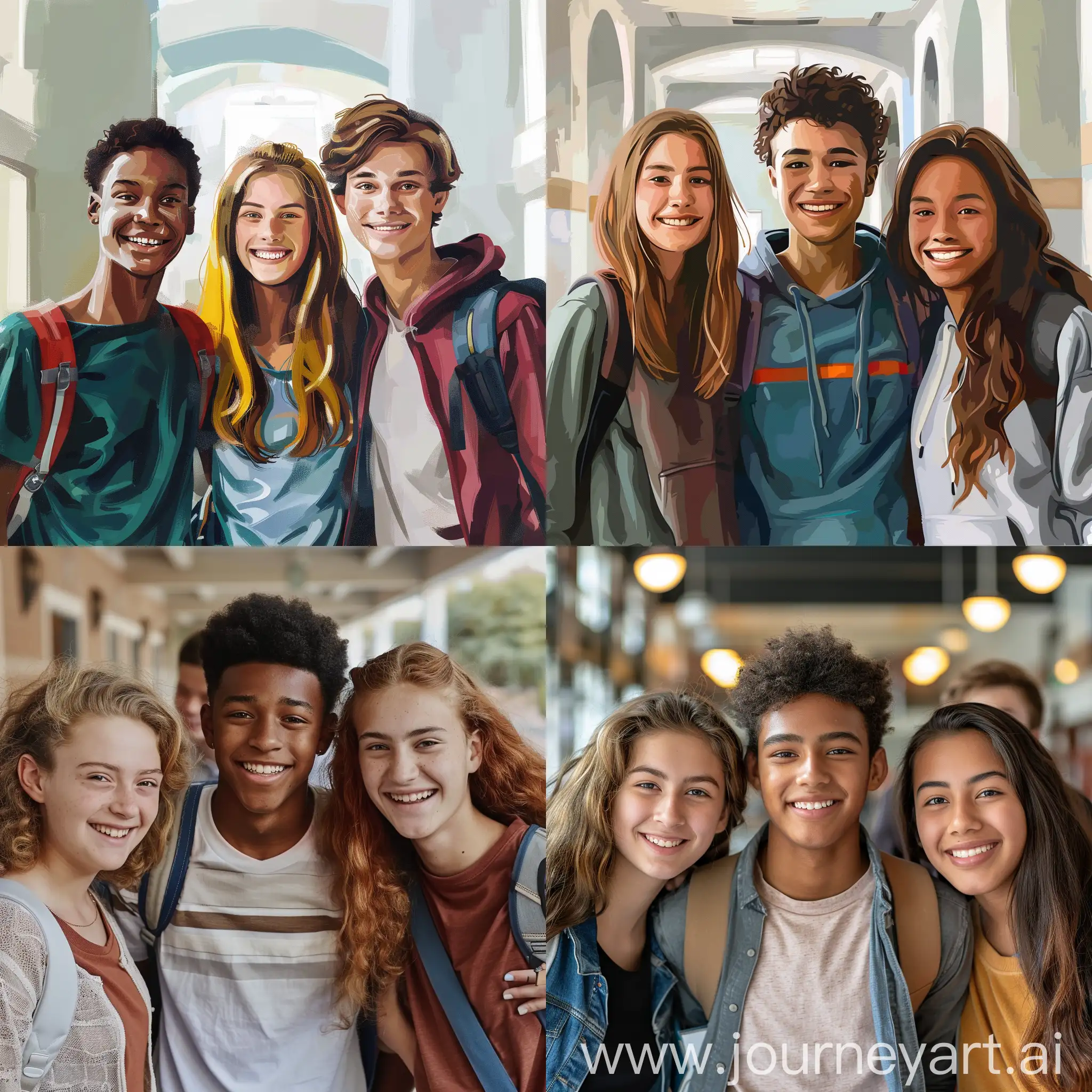  ثلاثة طلاب في المدرسة مبتسمين صورة واقعية  
