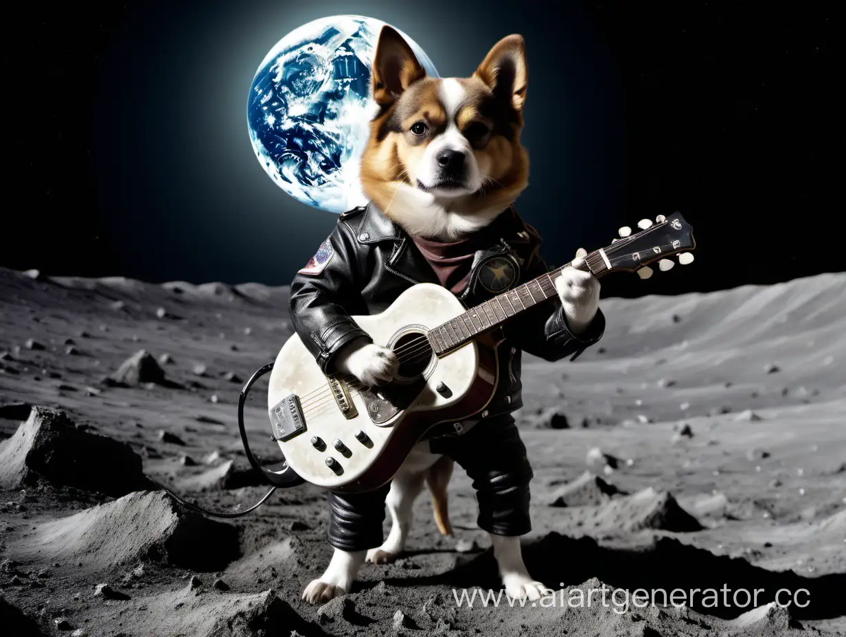 Собака в кожаной куртке играет на гитаре на луне с видом на землю