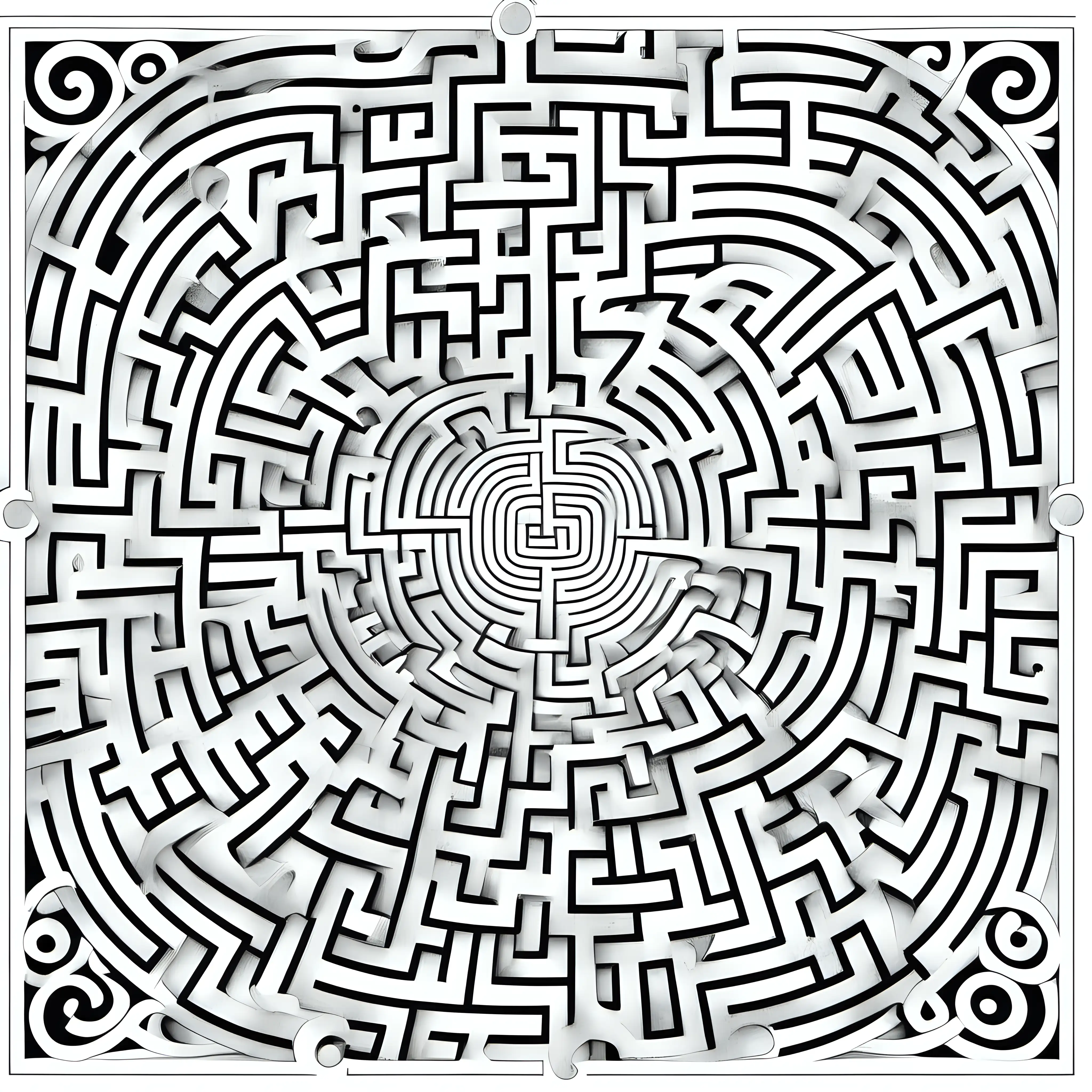 coloring book pages of complex mazes only black and white, mostly white
 again 20 times with variation in each
