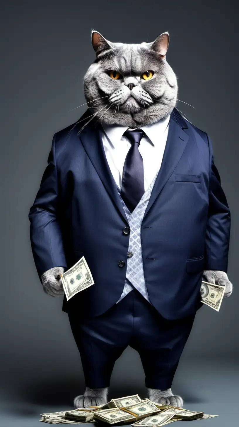 Wealthy Gray Cat in Dapper Suit Counts Cash