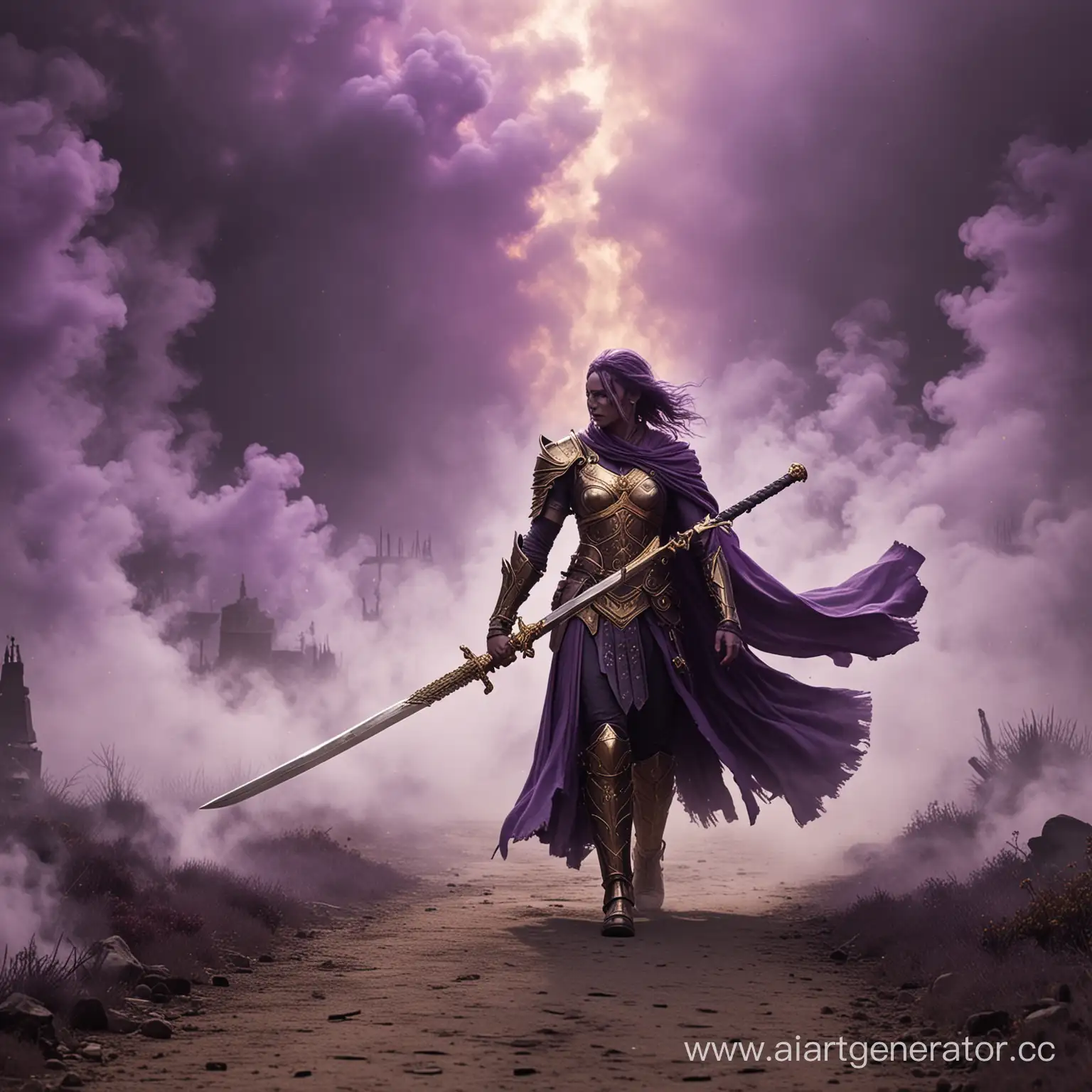 Courageous-Warrior-of-Light-Fleeing-from-DarkPurple-Smoke-with-Titanium-and-Gold-Sword