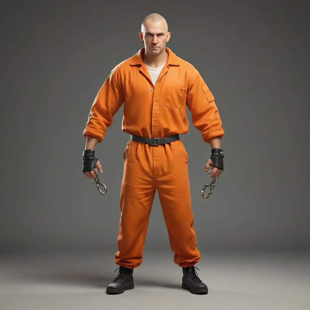 white male escaped prisoner. He should have a shaved head, wear a ripped-up orange prison jumpsuit, and have broken handcuffs dangling from one wrist. Provide side view, front view, and rear view poses for the character