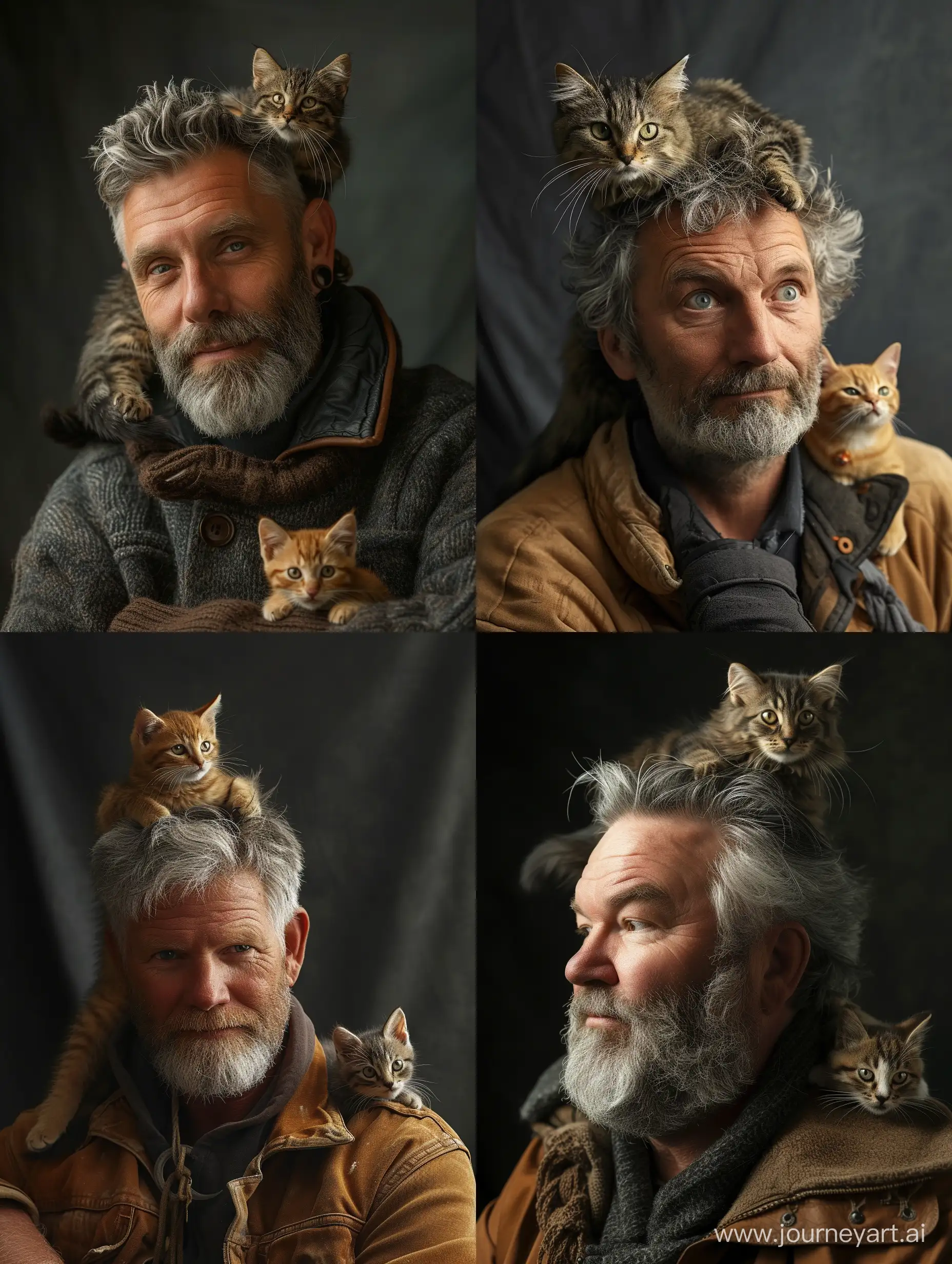 a man 40 year, with a cat on his shoulders, by Alison Geissler, pixabay contest winner, photorealism, gray hair and beard, studio photo portrait, with small cat on lap, robin williams