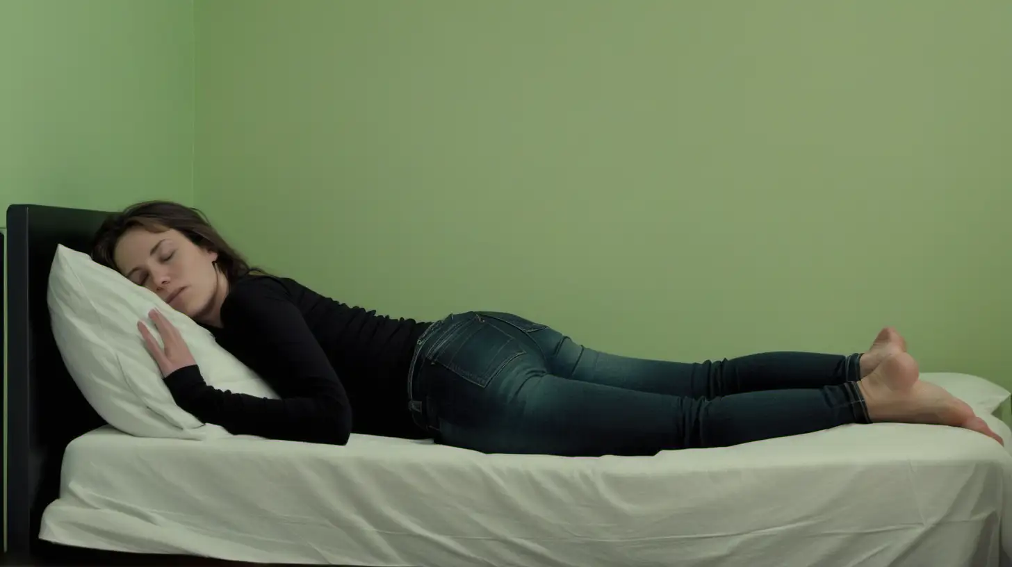 Serene Sleep 30YearOld Woman in Black Attire Rests in Green Bedroom