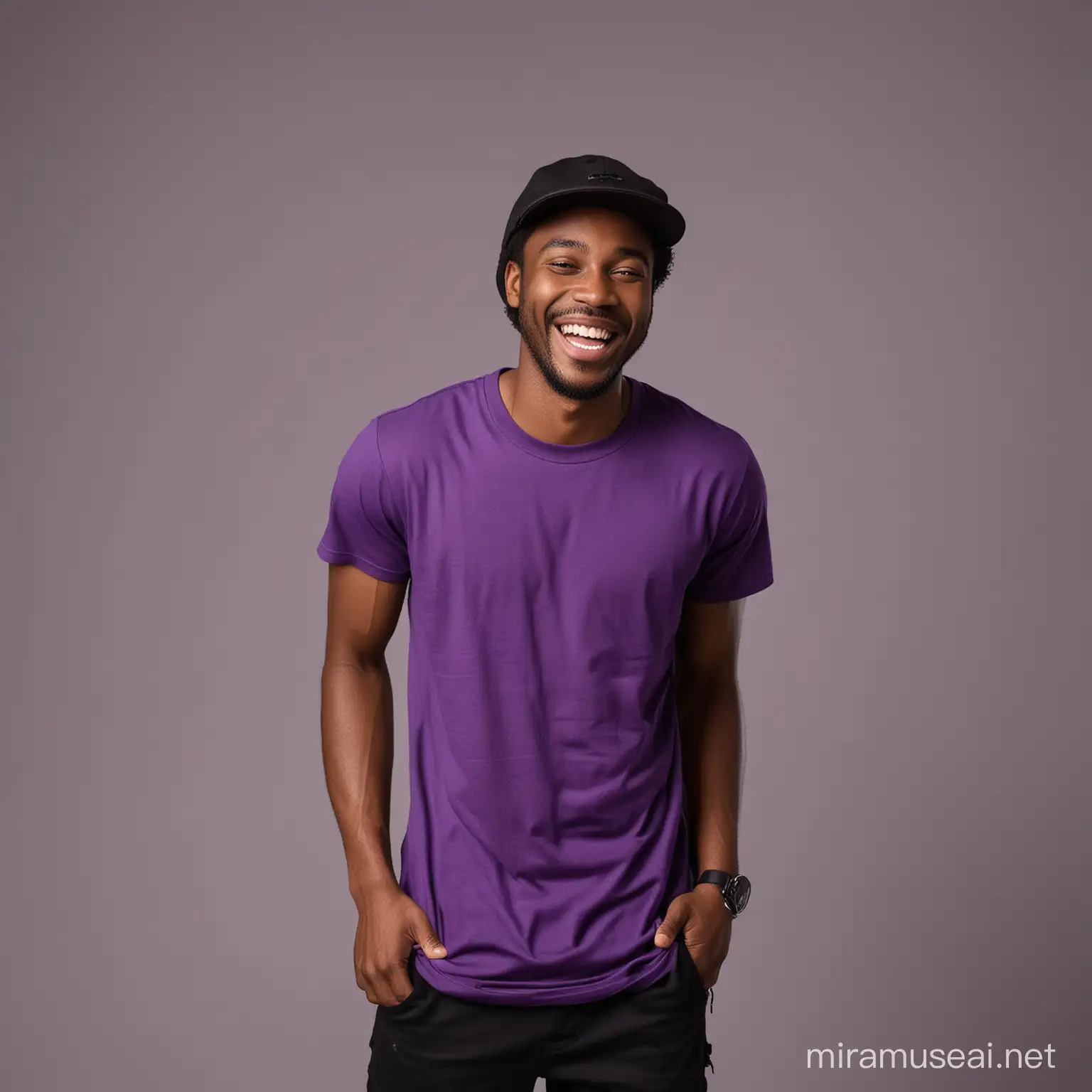 Cheerful african black guy ,putting on a midnight purple t-shirt and black pants , black face cap , laughing , facing camera.