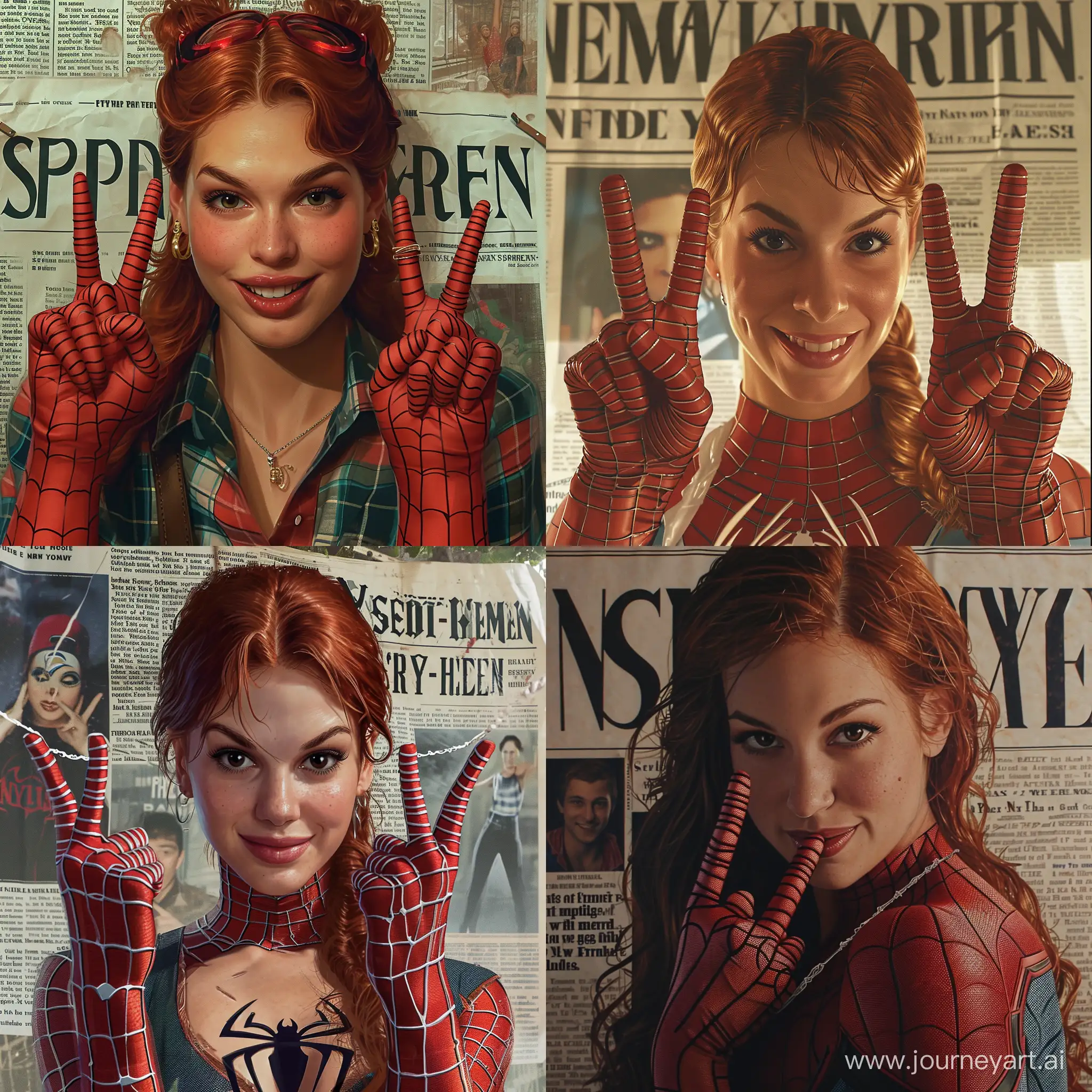 Hyperrealistic Mary Jane from Spider-Man shows two fingers with a sly grin in a Spider-Man costume against the background of the New York Times
