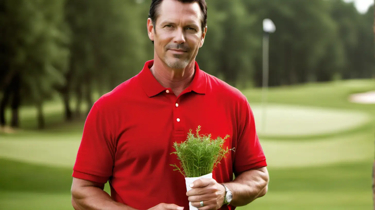 Handsome American man, 45, on golf course. Red polo shirt. He holds some herbs in his hand. Deep depth of field