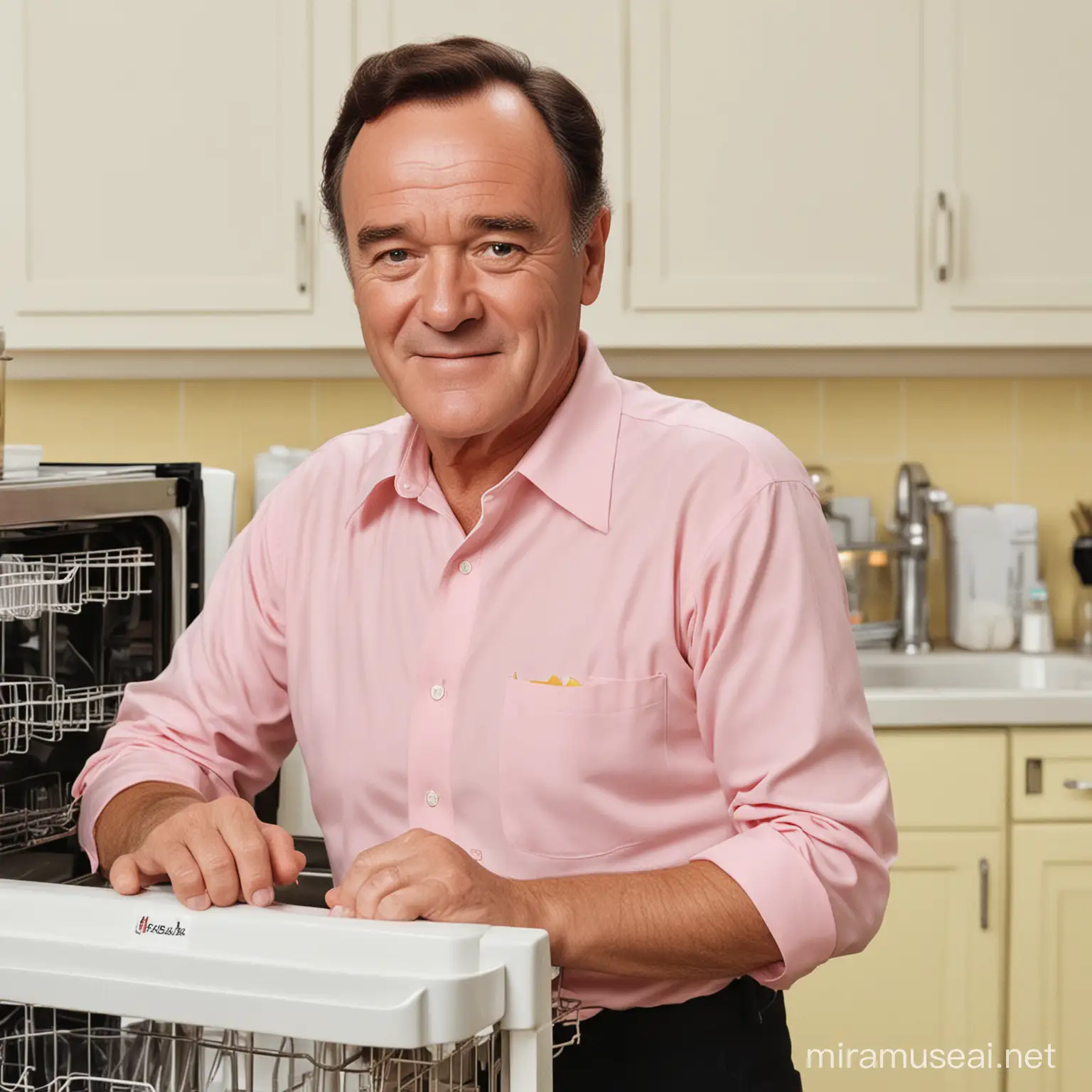 faça uma imagem de Jack Lemmon jovem com uma smart dishwasher nas cores rosa claro, amarelo claro e branco