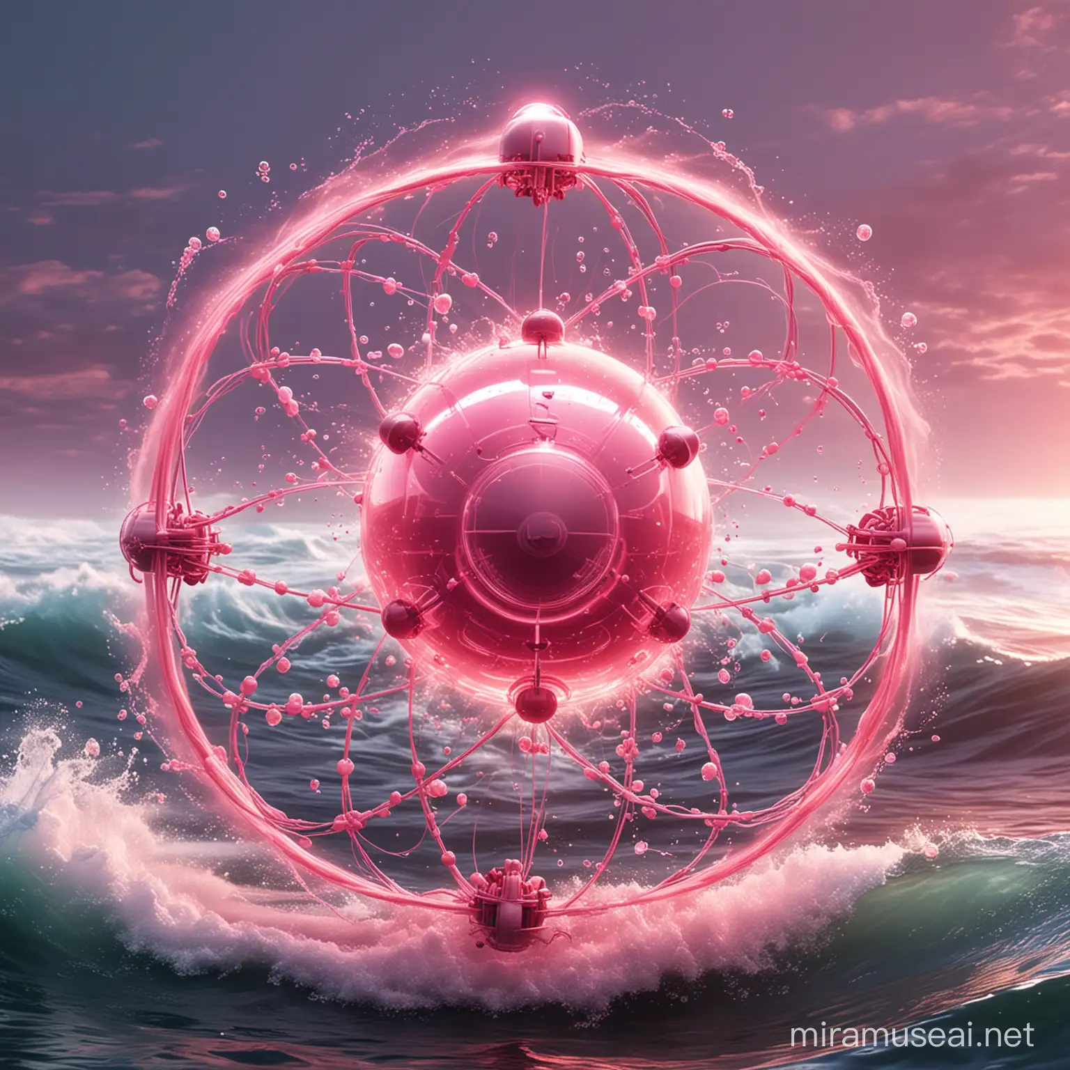 Imagine a stylized illustration featuring a vibrant pink hydrogen atom at the center, surrounded by swirling waves of water molecules and energetic bursts of nuclear power. The hydrogen atom could be depicted with a soft pink glow, symbolizing its unique production process through water electrolysis powered by nuclear energy. This image captures the essence of "pink hydrogen" as an innovative and sustainable energy source with a distinct pink hue.