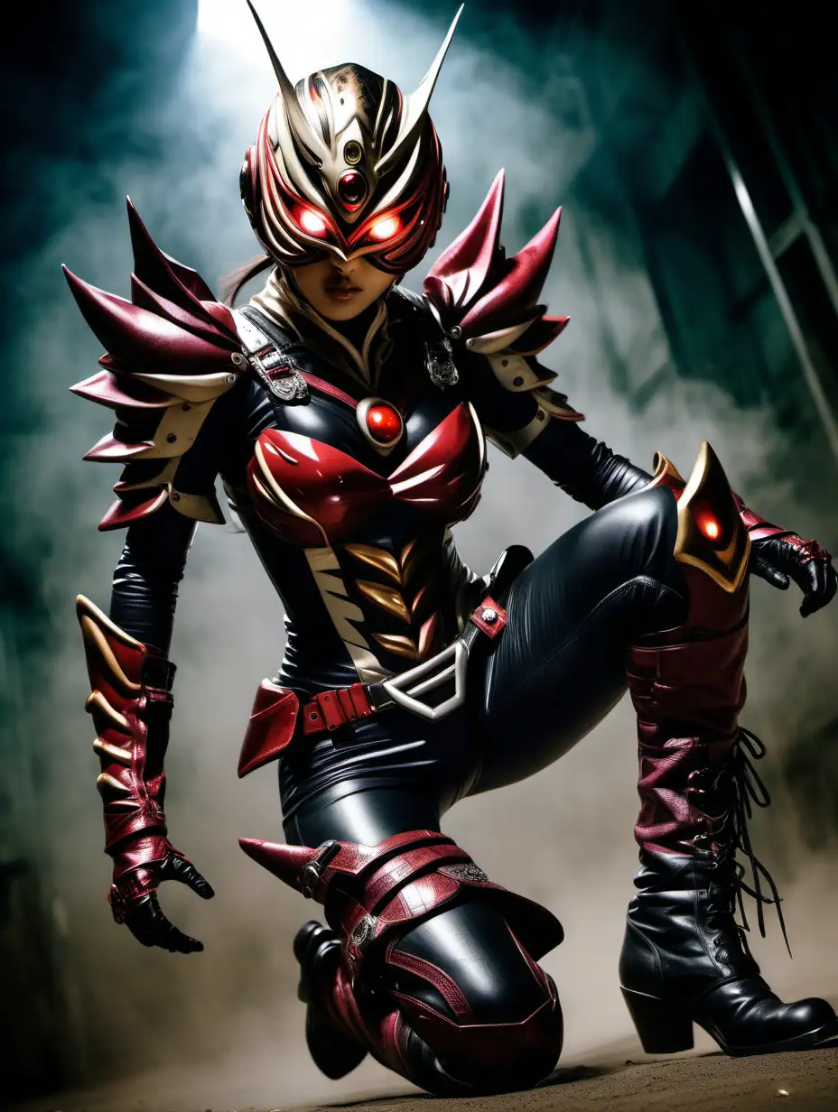 (cinematic lighting), in the world of Kamen Rider Kabuto , 1 voluptuous beautiful warrior women fighting for her life, fierce fight, wearing boots, full body photo, intricate details, detailed face, detailed eyes, angle from below, hyper realistic photography