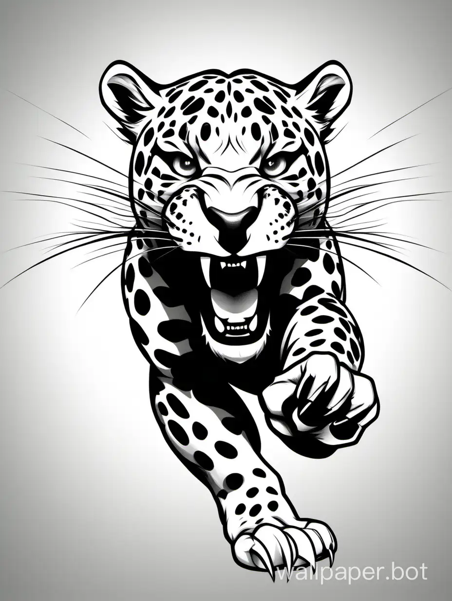 jaguar pouncing, front view, macro camera, focus face, arm furry paw reaching toward the camera, claws out, lineart, black, white, white background