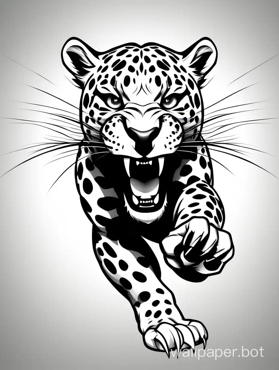 jaguar pouncing, front view, macro camera, focus face, arm furry paw  reaching toward the camera, claws out, lineart, black, white, white background