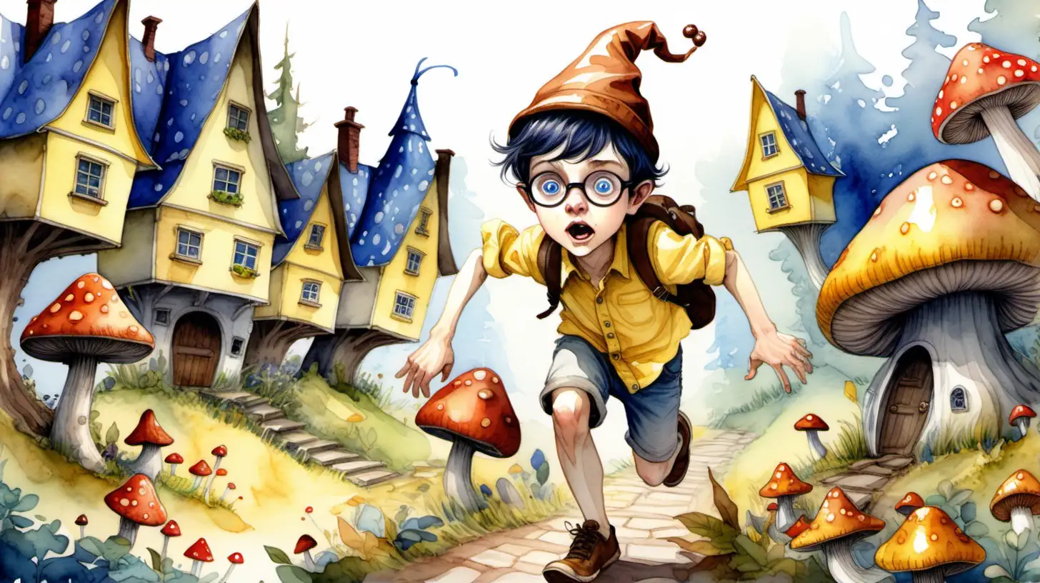 watercolour fairytale style painting. A scared darkhaired blueeyed boy pixie in glasses, a yellow buttoned shirt and a brown acorn shaped hat runs into a pixie village made of yellow and red mushroom houses