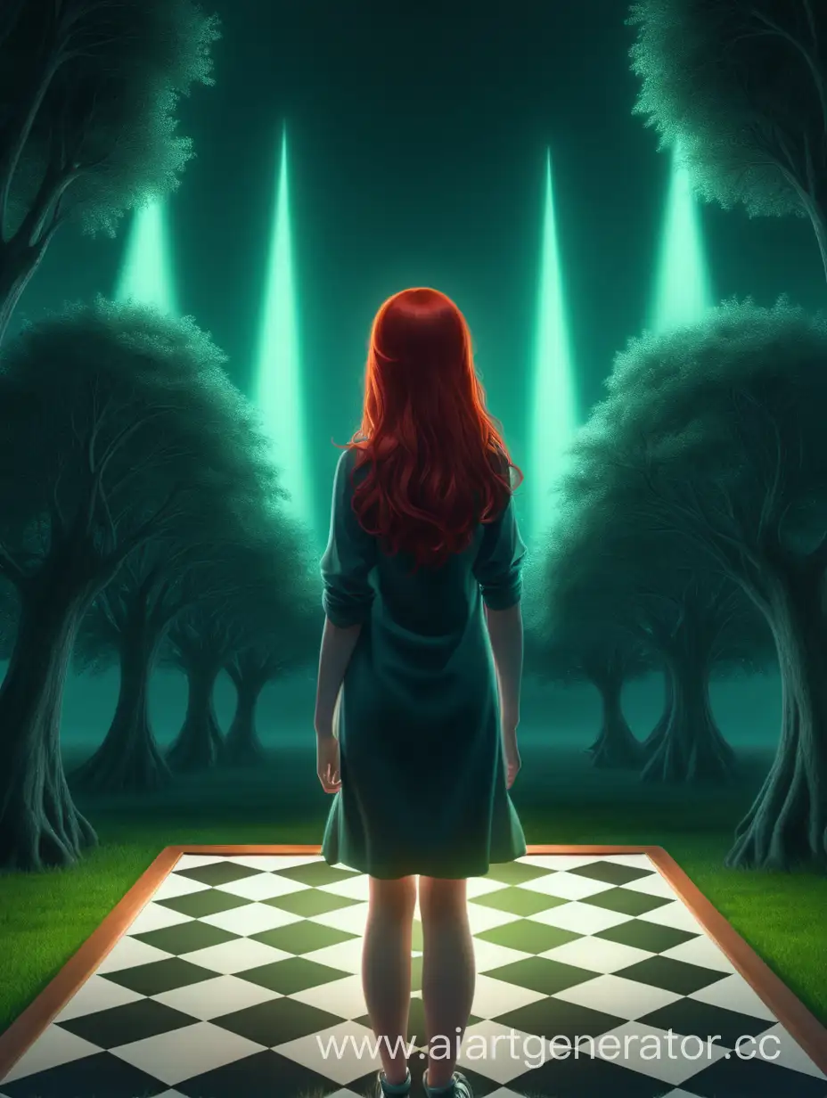The girl with the red hair is standing with her back, her head turned to the right. the girl has green glowing eyes. she stands on a huge chessboard with no pieces, stretching into the distance, in front of her are trees growing on the board. night.