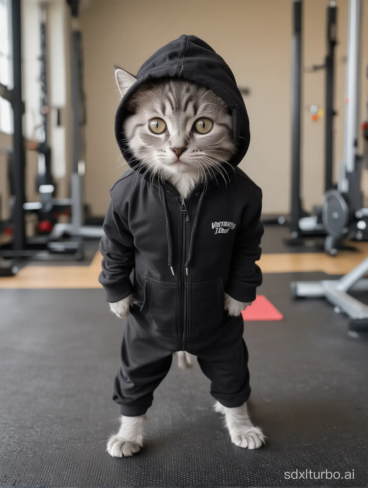 Grey kitten exercising in the gym. Wearing a black hoodie