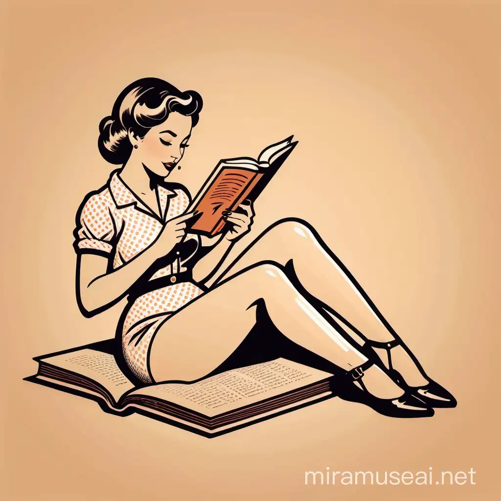 Vintage poster design, stencils, simple, minimalism, vector art,, Pinup style, Sketch drawing, flat, 2d, vintage style, Vintage lady lie back and read a book,