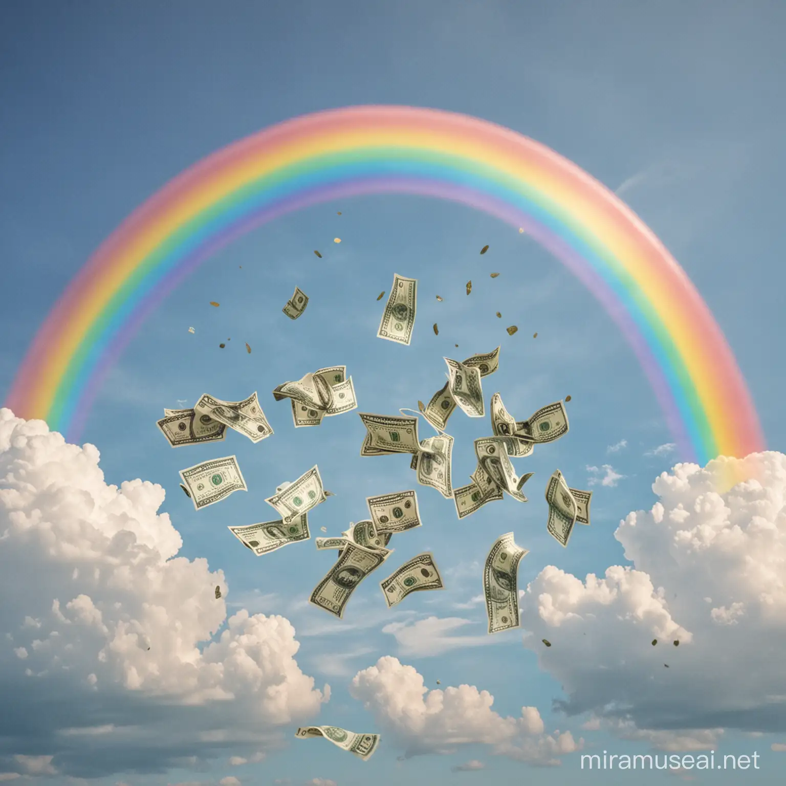 Money flying in sky with rainbow