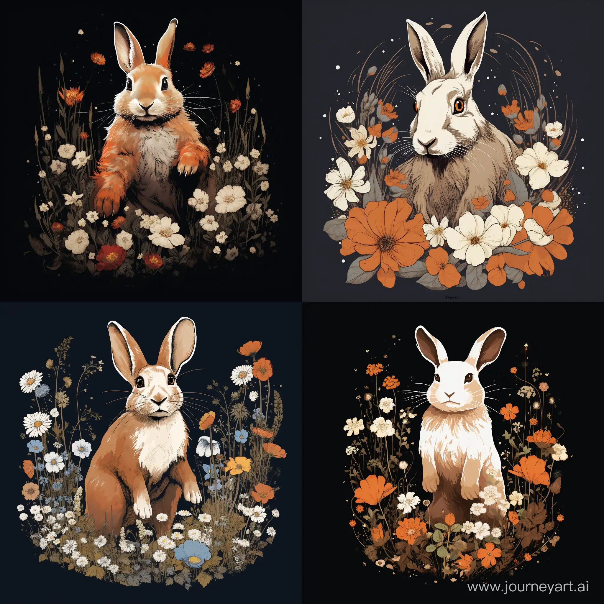 a white rabbit with flowers in the air, in the style of narrative symbolism, earthy colors, sarah purser, chalk, animated gifs, t-shirt design
