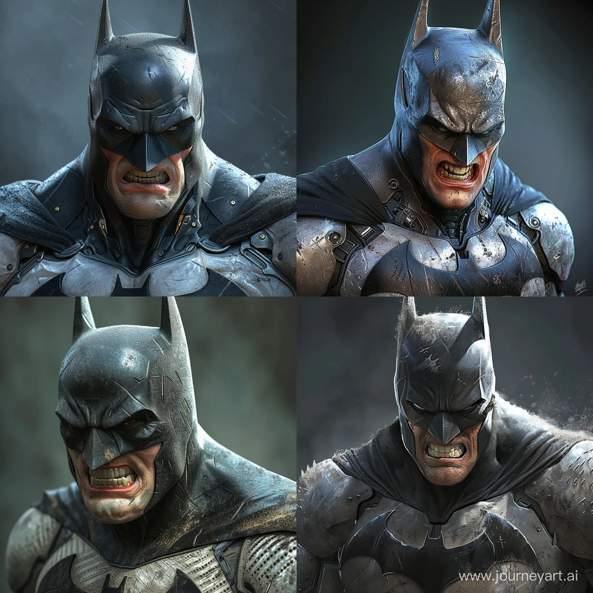 stylized representation of Batman, a popular superhero from DC Comics. The character in the image has a menacing expression with gritted teeth and is wearing a suit with a bat-like emblem and cowl that are common elements of the Batman costume. The image is highly detailed, showing textures that imply a combination of toughness and flexibility, which is characteristic of Batman's outfit designed for stealth and combat.