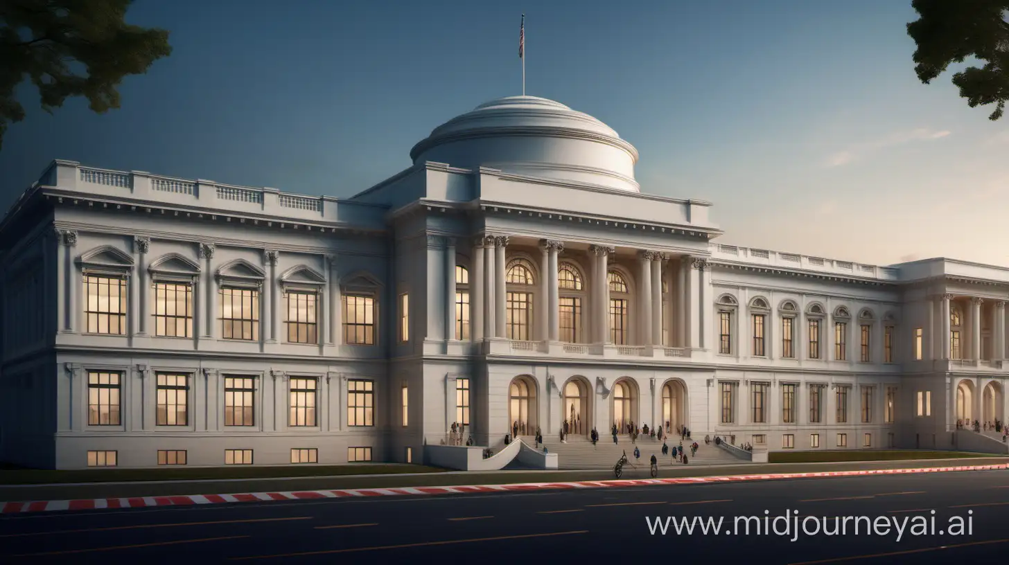 60 meter wide 3 story l shape school building in neo classical style like Brooklyn Museum New York City with racing track in back and front entry in evening view 
