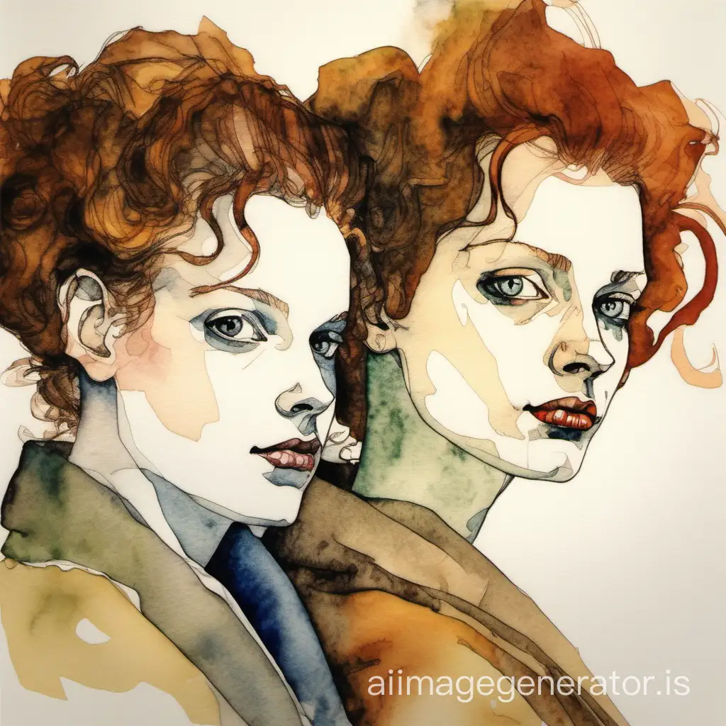 2 pretty women, close up, Egon Schiele watercolors style