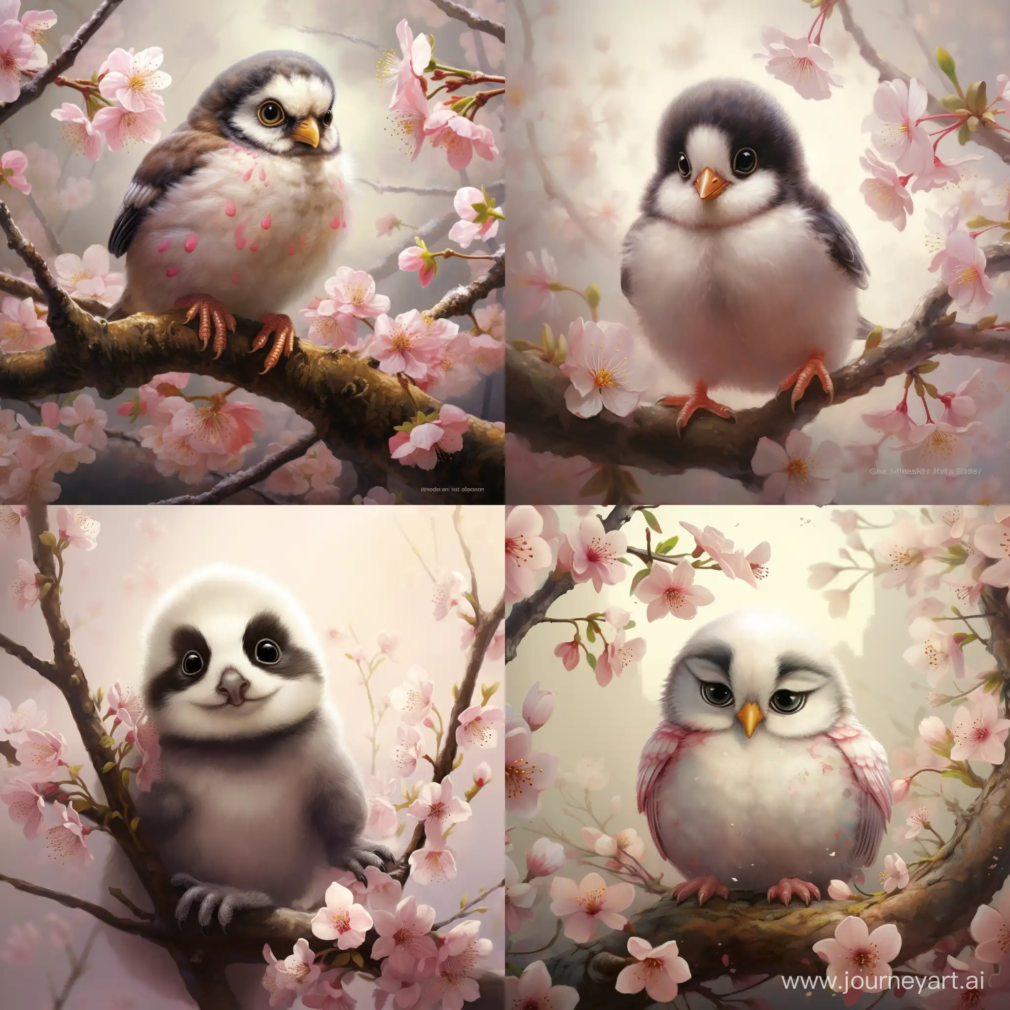 The cute and fluffy baby penguin is studying in the background of the Peach Blossom Spring, keeping a low profile and biding its time."