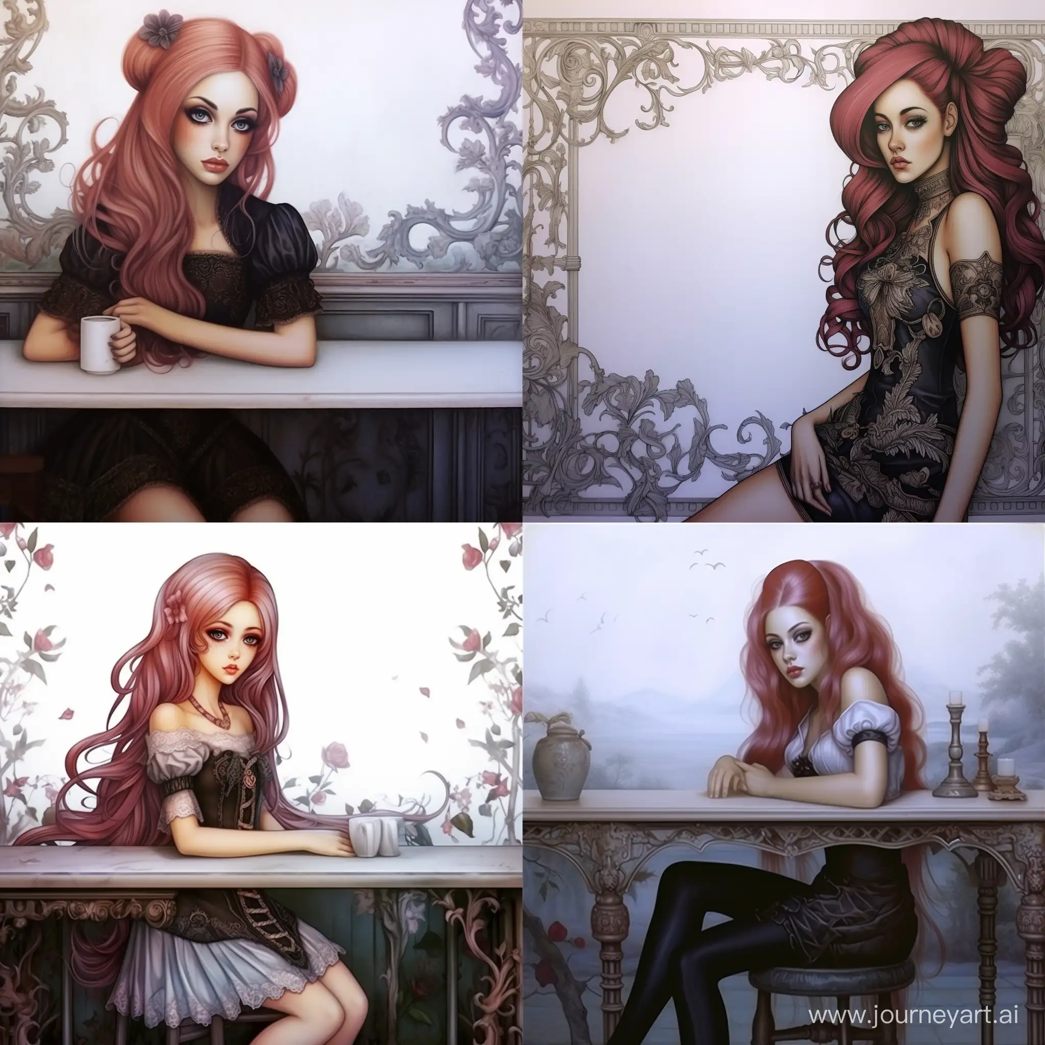 Realistic-Seraphine-Asian-with-Pink-Hair-Leaning-Against-Table