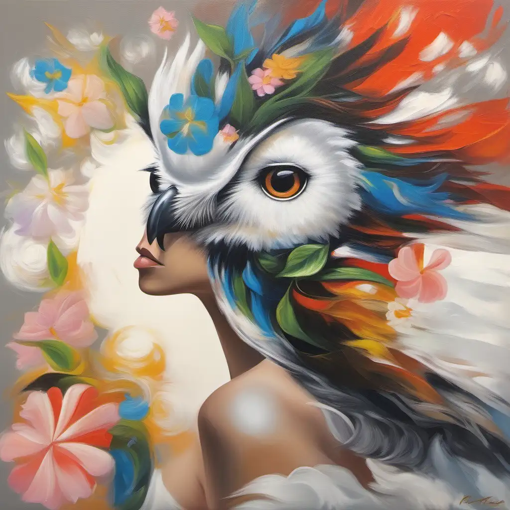  abstract oil painting of a exotic high resolution realistic puerto rican model {there are floating crystal balls in the air}
just a hint of the puerto rican flag. A real
white owl she has soft tattoos and soft color flowers her hair has the color of the flowers good for t-shirts