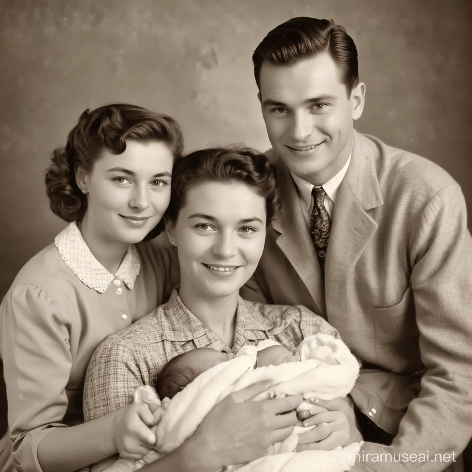 A family photo of a young couple and young newborn, old photo, 1956
