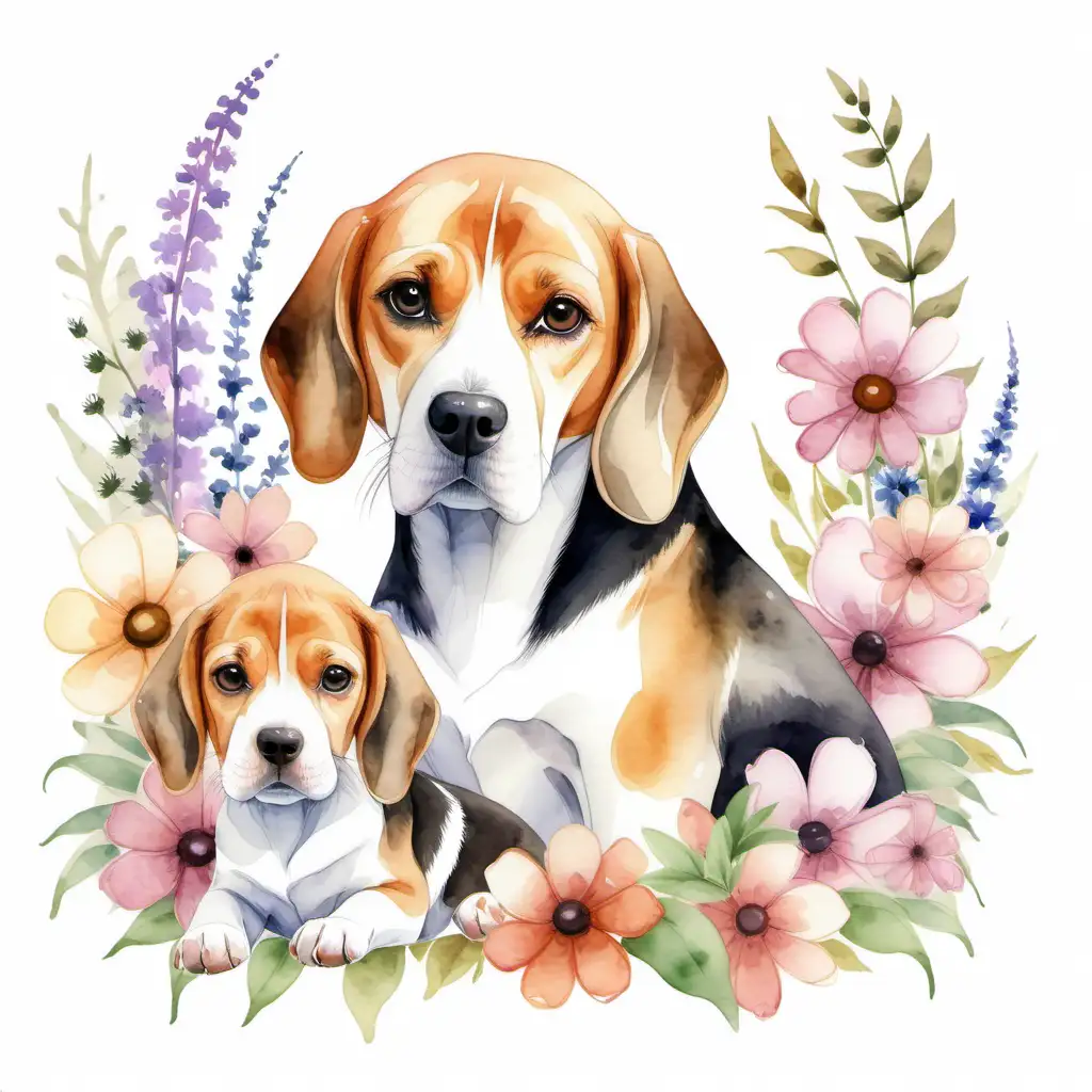 watercolor style, a mother beagle and a beagle puppy surrounded by flowers on a white background.