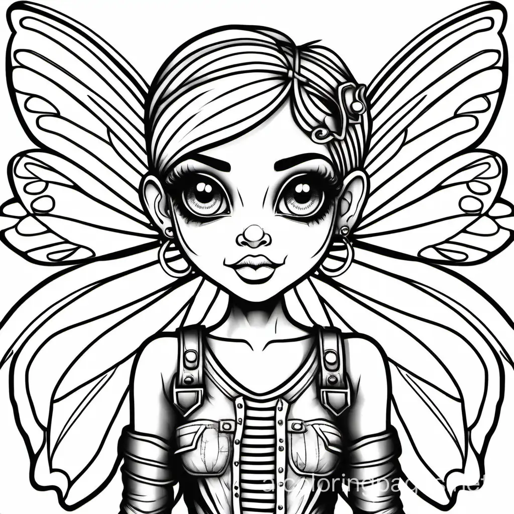 an adult coloring page that is very detailed of a cute round big faced, big eyes punk rockstar style fairy. Put the fairies wings on her back., Coloring Page, black and white, line art, white background, Simplicity, Ample White Space. The background of the coloring page is plain white to make it easy for young children to color within the lines. The outlines of all the subjects are easy to distinguish, making it simple for kids to color without too much difficulty