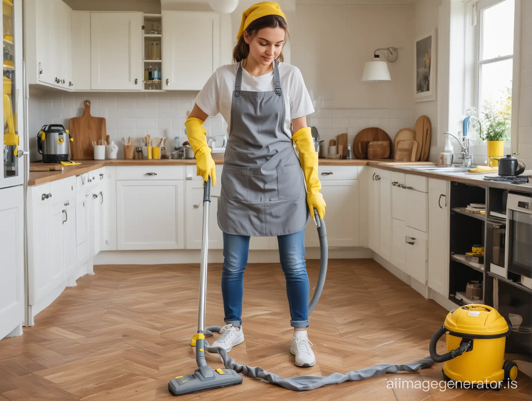In the center of the picture is a brunette girl, cleaning. She wears gray aprons and yellow gloves. She has a gray cap on her head. She's wearing pants, jeans, and sneakers. In the background, there is a country house setting. Next to her stands a yellow vacuum cleaner.